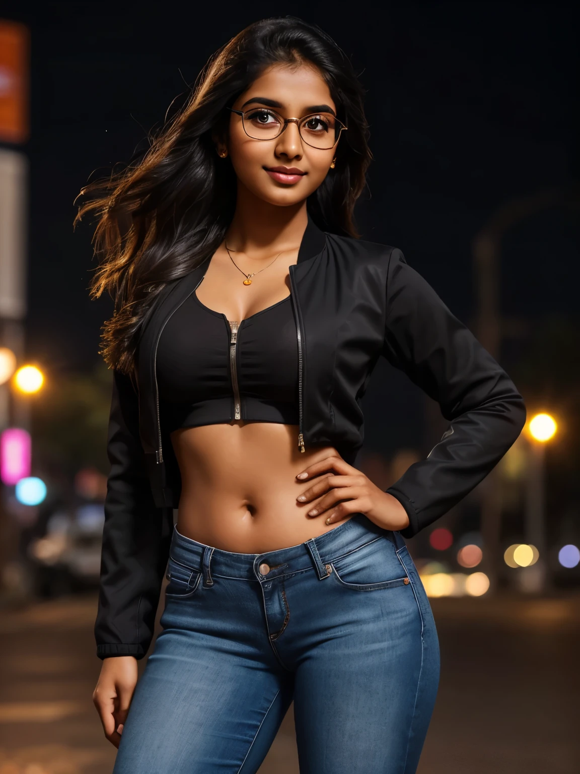 Nerdy Tamil girl, 20 year old, glowing honey eyes, glossy pink lips, lips parted, cute face, shining skin, round deep navel, backlit very long hair, (ultra detailed:1.6 face, eyes, nose, ears, lips, curves, skin, anatomy, body parts), eyes symmetry, face symmetry, (wearing:1.6 open black jacket, black choli, black jeans, thick black specs, sports shoes), standing in the busy city street, (background:1.6 street, people, skyscrapers, evening sky, vehicles, traffic signal), HDR, 64K, hyper realistic , photorealistic, award winning photograph
