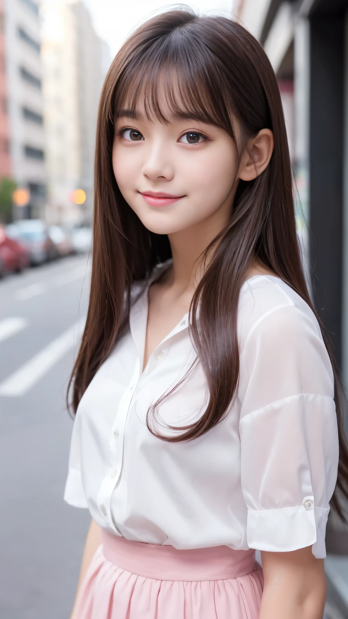cute face girl、((baby face))、Glossy beautiful skin、((red contact eyes))、Beautiful super long shiny dark brown hair、Bangs swaying in front of the face、Sexy ((()).Little beautiful girl、small face beauty、baby face、ultimate beauty、white shirt、gray mini skirt、white and beautiful skin、Gloss teak、A girl who wants to watch anime、smile、Pale pink lips、small lips、