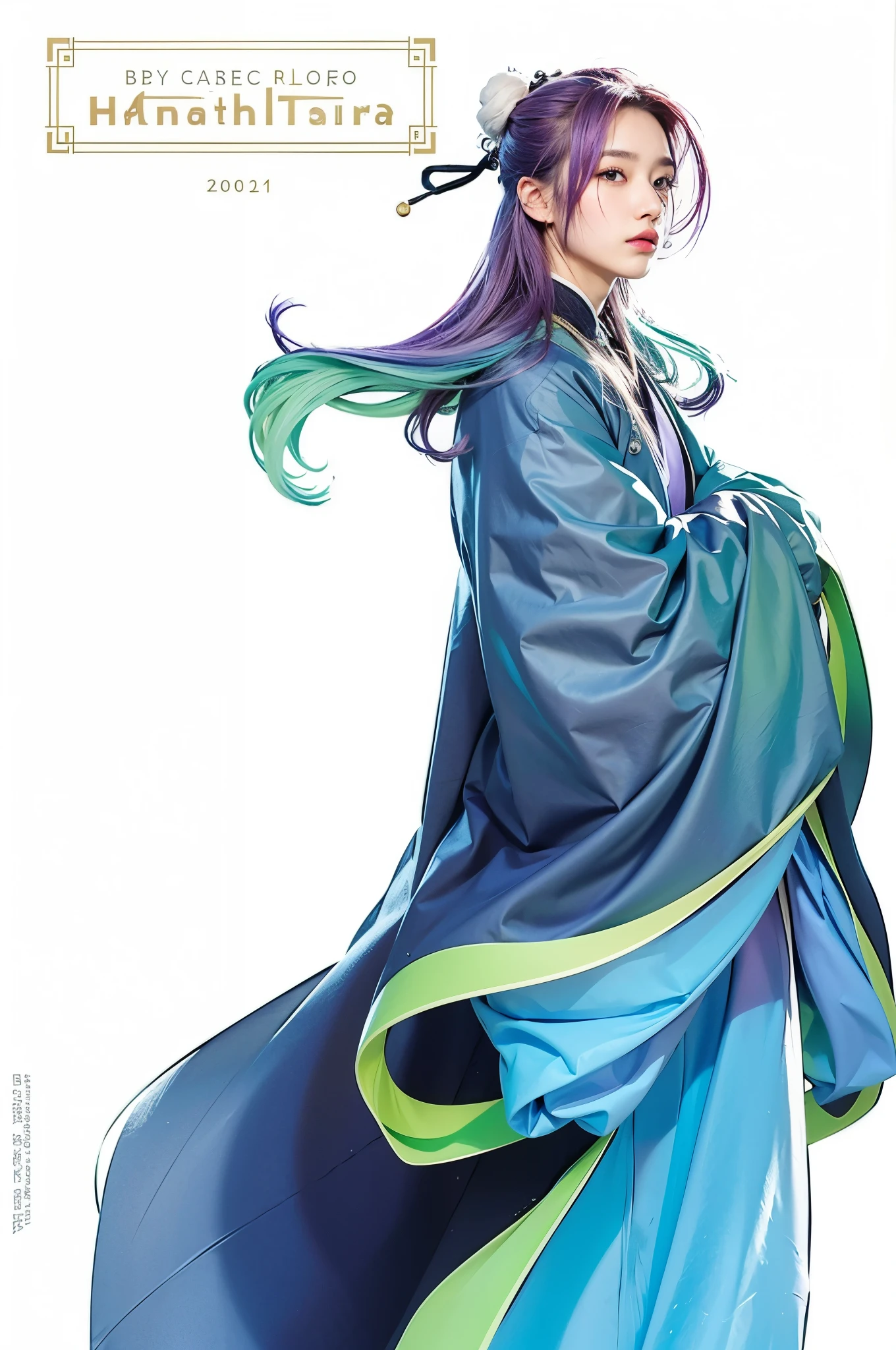 man, with purple hair and purple eyes, wearing a traditional Chinese hanfu. His hair is half up and bound into a bun with white cloth.