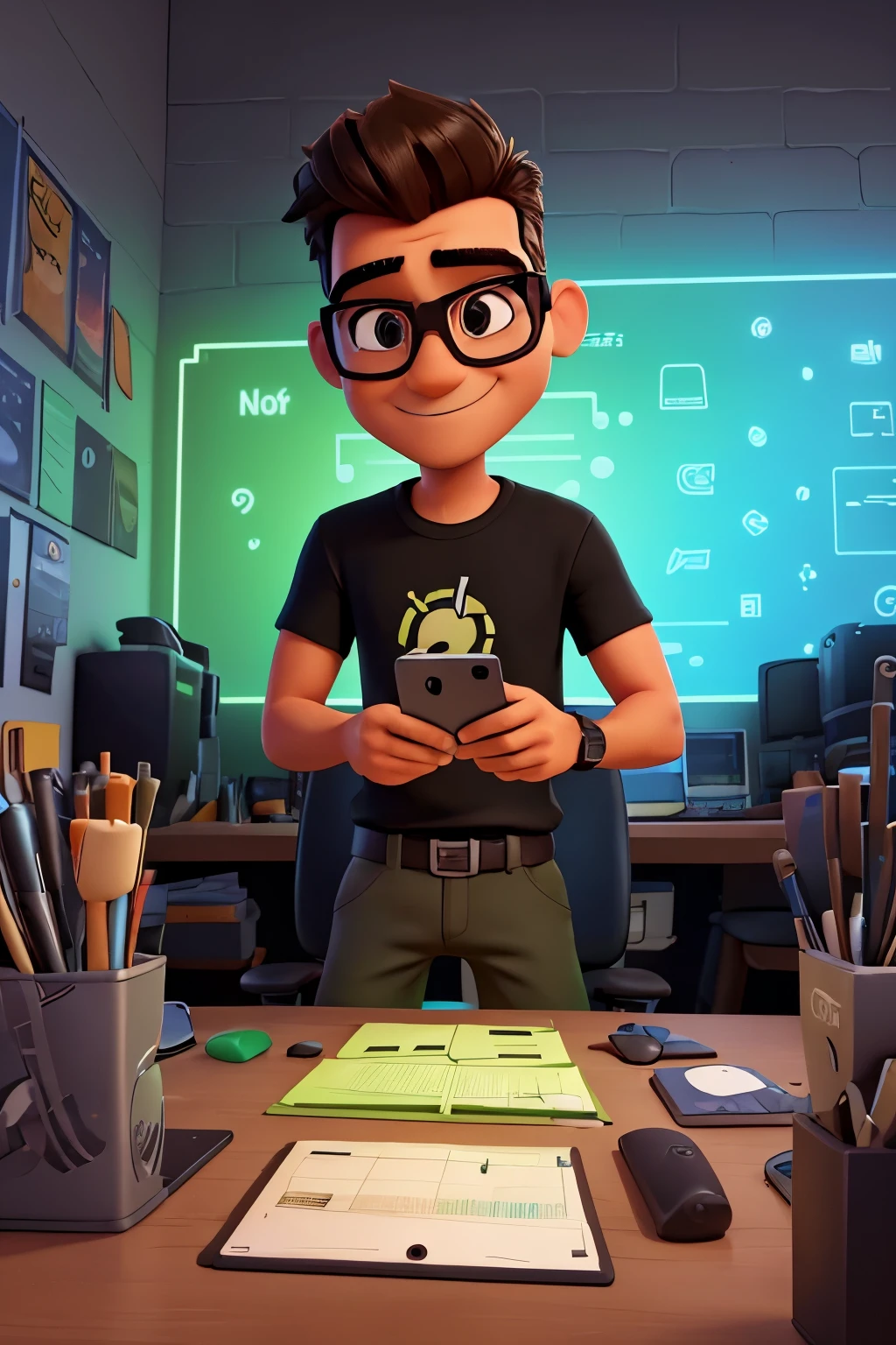 3D inspired by Pixar/Disney.
light dark-skinned man, short hair cut military style with a gradient, wearing a black t-shirt, wearing squarer glasses, no tattoos and no earrings, accessories are only a digital watch on his wrist and a cell phone that sits on the table, smiling , sitting at a designer table with computer and notebook creating digital art, he is a professional designer, using green and red colors for lighting, shelves and everything he needs to compose the background related to digital designer, on the wall a sign in neon writing something related to Digital Designer, social media icons Instagram, Facebook, YouTube.