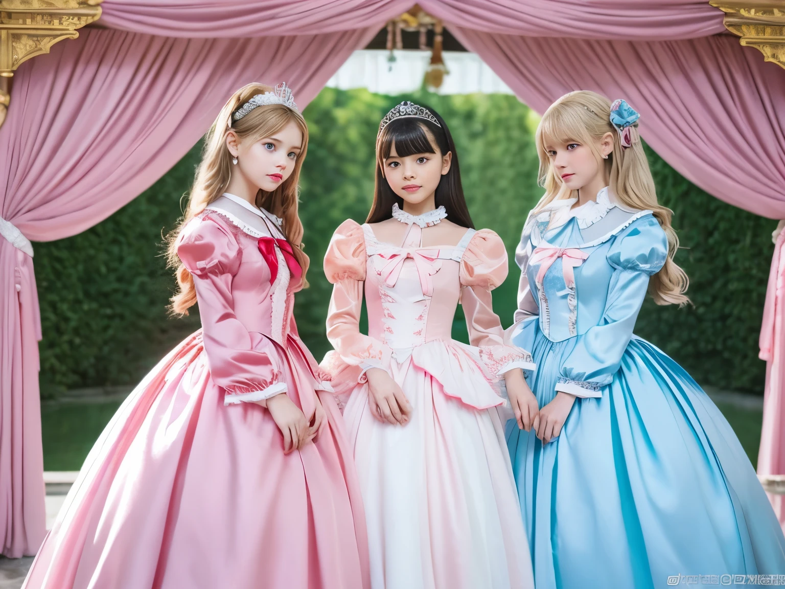 ,highest quality, masterpiece, highest resolution, artwork, super それにget used to it, many get used to it, get used to it, それにget used to it, 3K realistic photos,,(( girls)),Super detailed baby face,They are are princesses,Full length ball gown dress with hoop skirt,ruffle yoke collar,puff sleeves,long sleeve,((Lolita style hot pink detailed princess satin dress、Comes with lots of frills and ribbons。)),crazy&#39;colorful fashion,shiny satin dress,Soft and smooth fabric,luxury,long blonde hair,blue eyes,white skin european,pajamas,((inside the palace)),canopy bed,