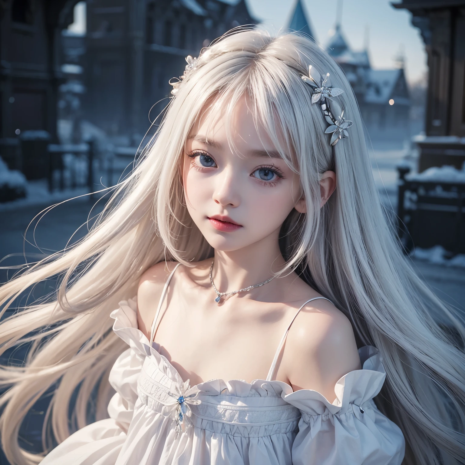 highest quality、masterpiece、(realistic:1.2), (((3-year-old, , Very cute and baby-like face)))、super long straight hair、white hair color, bangs between the eyes、white skin、glowing skin、 puff sleeve princess dress、cottage core、 frontage、detailed face、so beautiful、Sparkling vivid Violet eyes、(bright look:1.1)、 Winter Vivid and sharp focus、(((flat chest))), looking at the viewer,