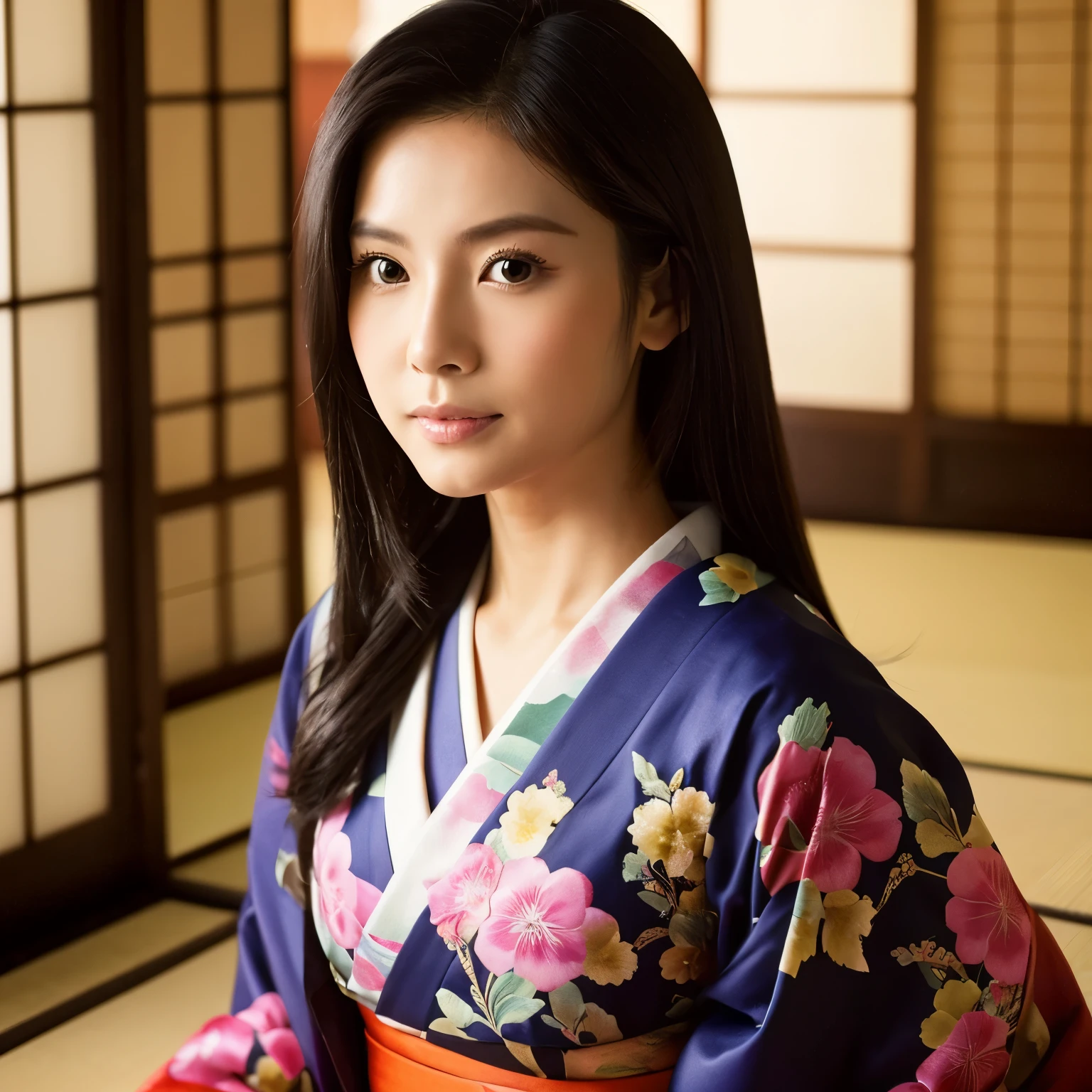 ((Half Filipino and Japanese)),((Beauty,Japanbrasize65F)),(beautiful kimono,Japanese style room),Sitting sideways and looking at me,whole body