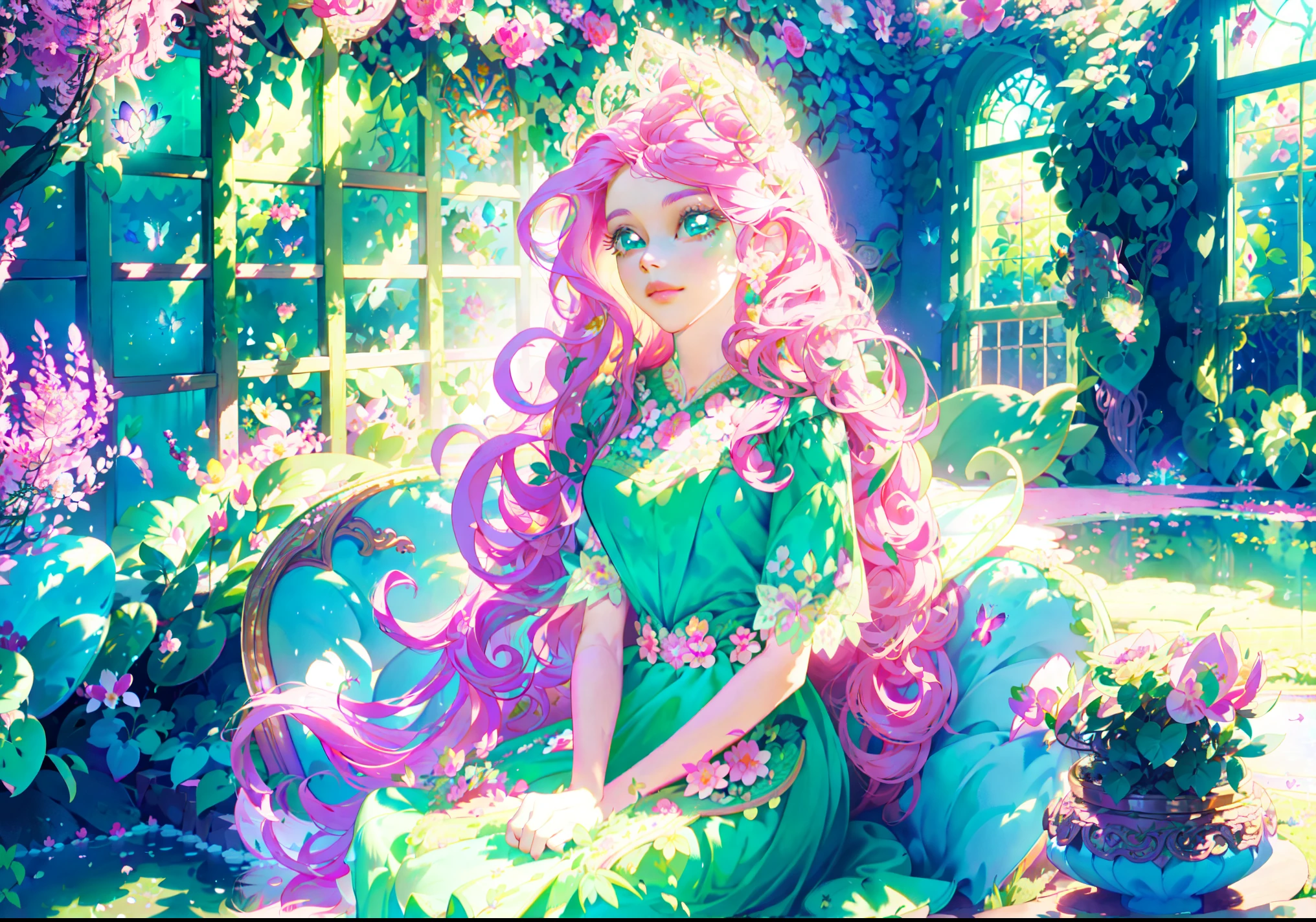 Fluttershy, fluttershy from equestria girls, fluttershy in the form of a young woman, lush breast, (pink long wavy hair:1.5), soft sweet shy smile, flowers, butterflies, (top quality, masterpiece, ultra-realistic), ((indoor in a green botanical garden:1.5)), dome, lots of flowers, dense mass plants, ((the background landscape is a garden with petals)), Dahlia peony flowers everywhere, turquoise eyes, ((green dress with butterflies patterns on it)), butterfly hair clip, detailed lighting, sunlight, ((yellow pure light)), sitting, heavenly plants, hanging flower pots, pink and green flowers everywhere, flower crown, green glass dome, extremely long hair, (light yellow skin 1.5), yellow pony ears, golden lighting, LAVENDER FLOWER EVERYWHERE, LILAC FLOWERS EVERYWHERE, pink roses everywhere, PINK HAIR PINK HAIR PINK HAIR, ((WATER FALLS)), so much foliage:1.5, bushes full of flowers, ONE CHARACTER, SOLO, alone