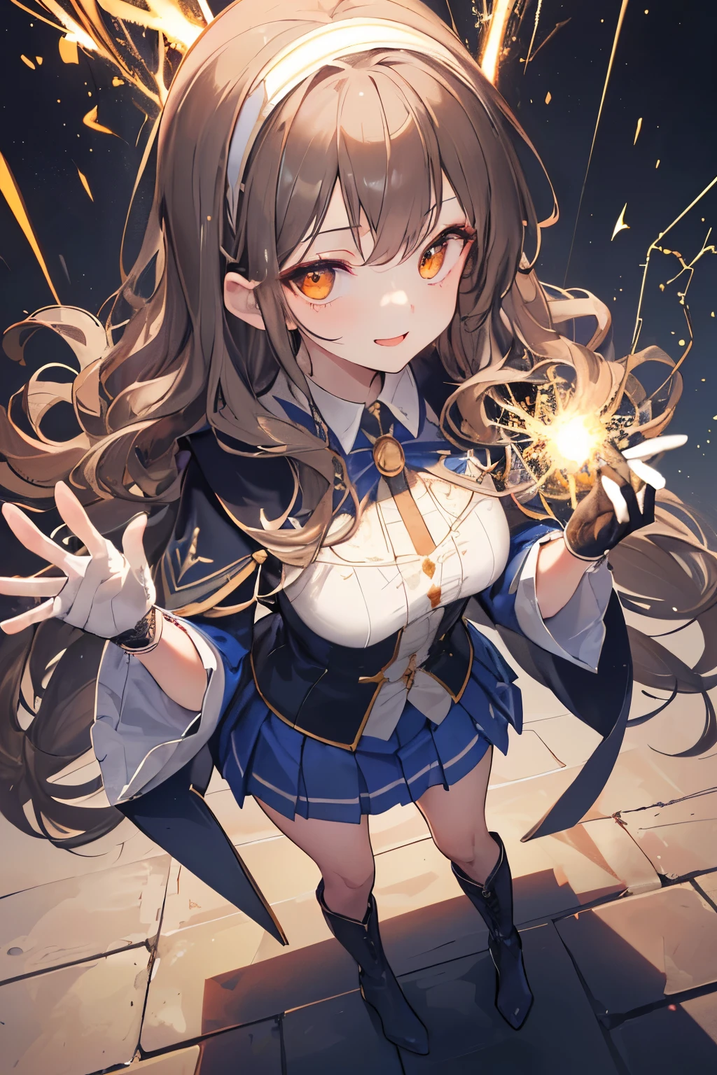 (((1girl))), ((best quality)), ((masterpiece)), ((ultra-detailed)), (illustration), (detailed light), (an extremely delicate and beautiful), (beautiful detailed eyes), (sunlight), ((extremely light)),  ((extremely clothes)), (((hyper detail))),(((((front lighting))))),(((((front light))))),

((((quite adorable Wizard's Greige uniform with a brief skirt and magical hairband)))), (((Expert Warock))),
, 

(((wavy long hair))), ((((dark brown hair)))),  (((long hair))),
(((dark orange eyes))),

((((whole body)))), aged 5 to 8, ((((())))), ((((very adorable young girl)))),
((condescending expression)), ((mischievous smile with sexual satisfaction)),  (((extra adorable))), (((((extra slender shape))))), 
(((((extremely beautiful detailed face))))), 
(((dynamically standing using a spell of Sparks))), (((elegant magic boots))),

(Dutch angle), (((elegant magic gloves))), ((transparent magical underskirt)), (a little bit exposed adorable Greige panties)