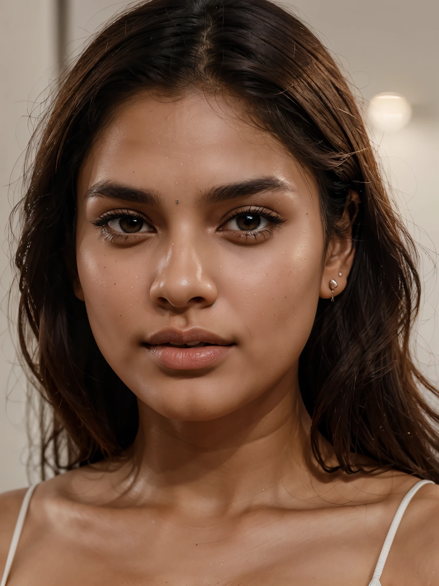 A young indian woman aged 23, masterpiece, high quality, ultra realistic, body measurements-33:27:36, absolutely stunning, beautiful detailed portrait, light brown skin color, brown eyes,brown wavy hair till waist, oval shaped face, pointed chin, 8k, heart shaped lips, thin pointed eyebrows, sharp neckline, closed mouth, consistent,height-5'3, weight-45 kg, small monolid eyes, exact fingers, human, highly rendered,8k, realistic, pointed ear shape, straight snub nose, clear face, hyper realistic, lighting, sharp details,consistent face and body