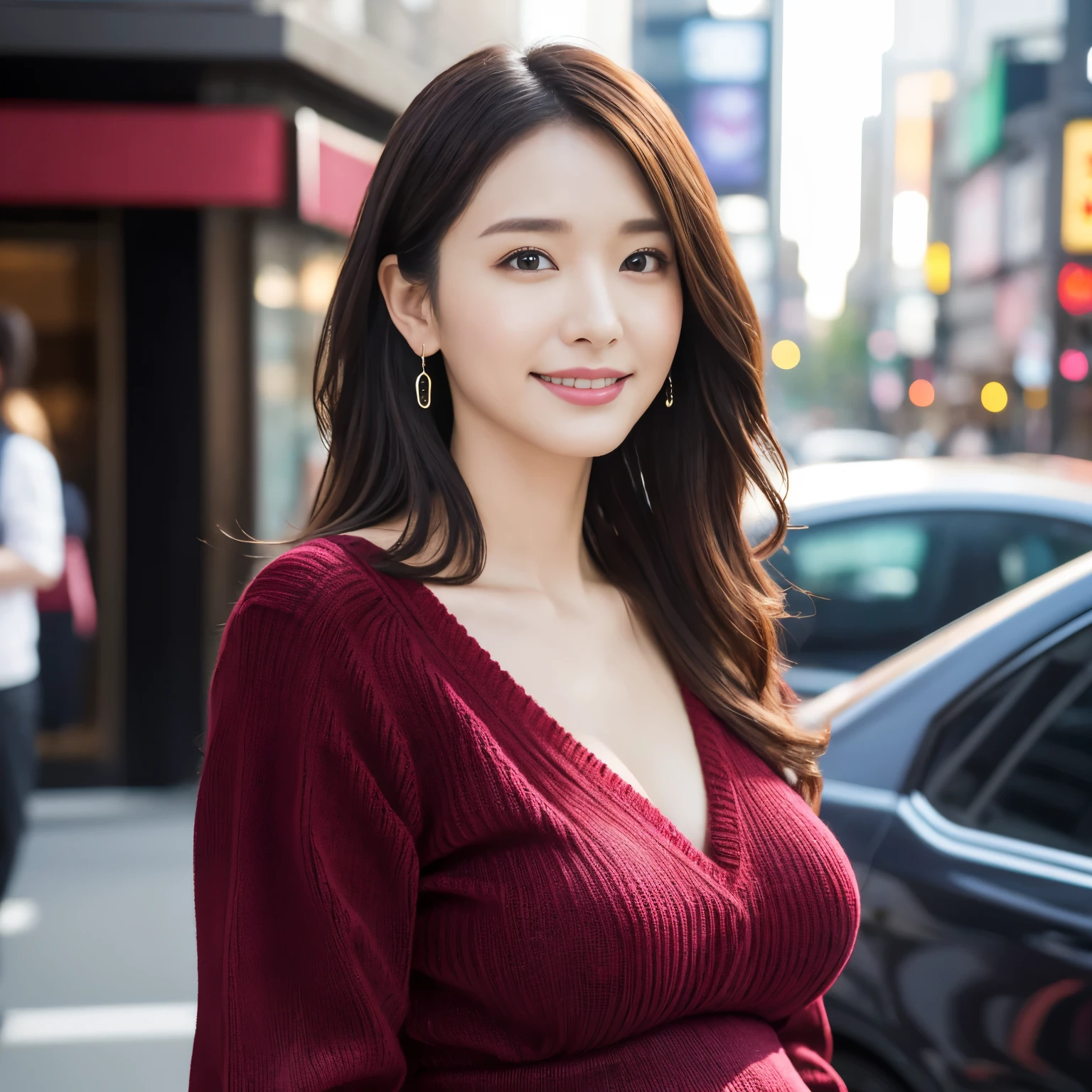 (highest quality、table top、8k、best image quality、Award-winning work)、one beautiful woman、25 years old、perfect dynamic composition、big and full breasts、[clavicle]、(Patsun:1.1)、(Wine red thick V-neck knit:1.1)、(Knit that fits perfectly to the body:1.1)、(perfect v-neck knit sweater:1.1)、(slightly pregnant:1.1)、(very thin pregnant woman:1.05)、full body photo、look at me and smile、(Strongly blurred Shinjuku background:1.1)、stand gracefully、droopy eyes、natural makeup、Ultra high definition beauty face、ultra high definition hair、Super high-definition sparkling eyes、Super high resolution glossy lips、accurate anatomy