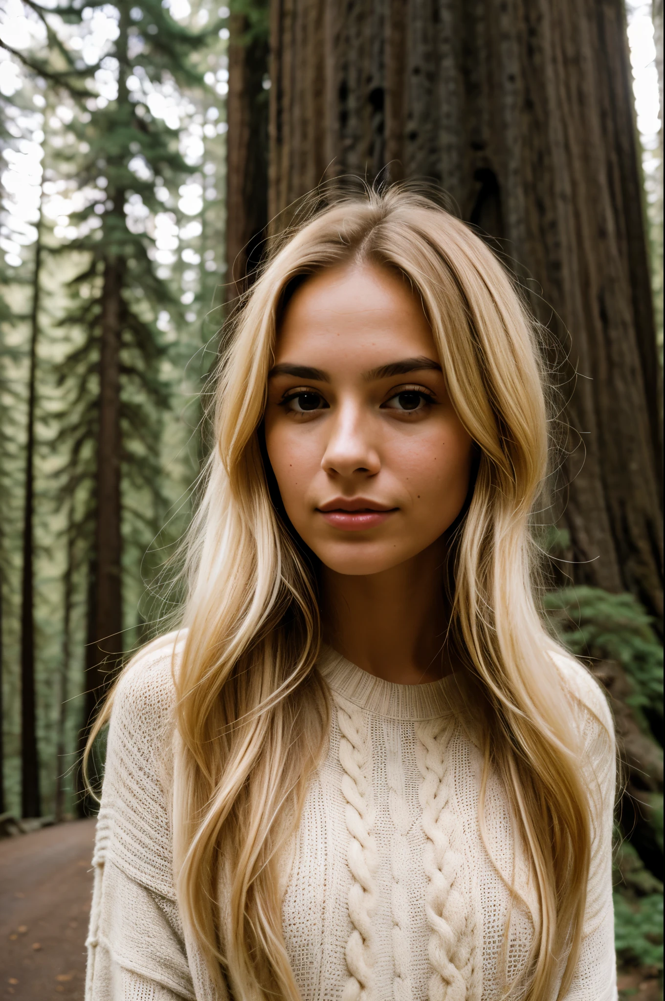 Photograph of a 28 year old woman, (coosy expression), ultra textured skin, goosebumps, blonde milirow hair, half up half down, face looking flat into the camera, full-face, beige knit dress, group profile, towering ancient redwood trees create a sense of wonder and awe, perfect brown eyes, ((harsh lighting:1. 4))), Velvia 100 color, shot on Cinestill 800T, bokeh, sharp focus on the subject, shot by Manuela Marques