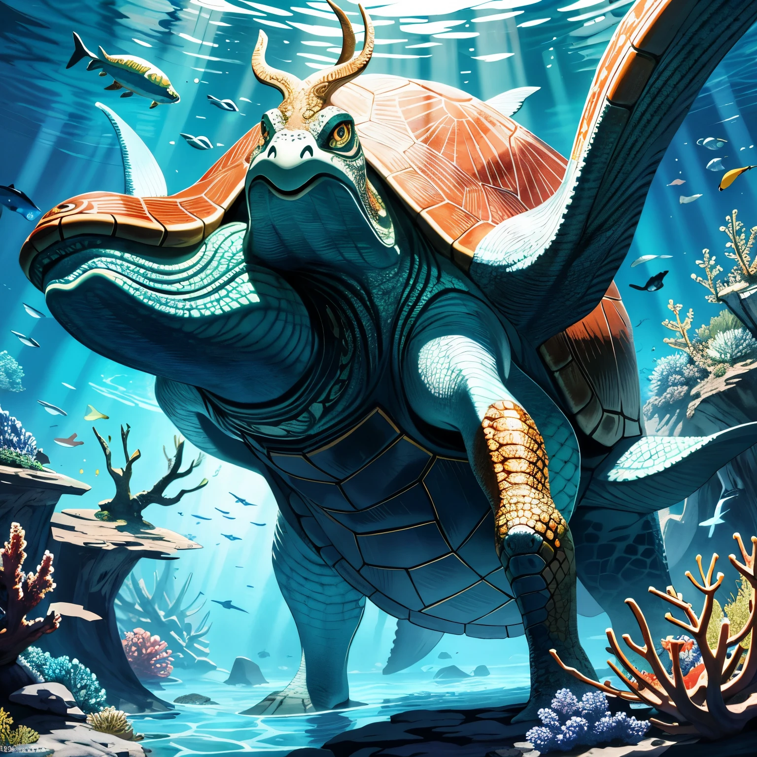 (An intricately detailed masterpiece of) a strong and wise turtle man, (with piercing) amber eyes, (adorned with a magnificent, detailed trident), swimming gracefully in an (underwater scene), surrounded by (vibrant colors) and diverse aquatic life. The coral reef background comes alive with intricate patterns and (realistic lighting), casting beautiful shadows on the (serene) turtle man. Waves gently sway the seaweed as (ocean waves) embrace him, evoking a (surreal) and thought-provoking deep sea exploration atmosphere.