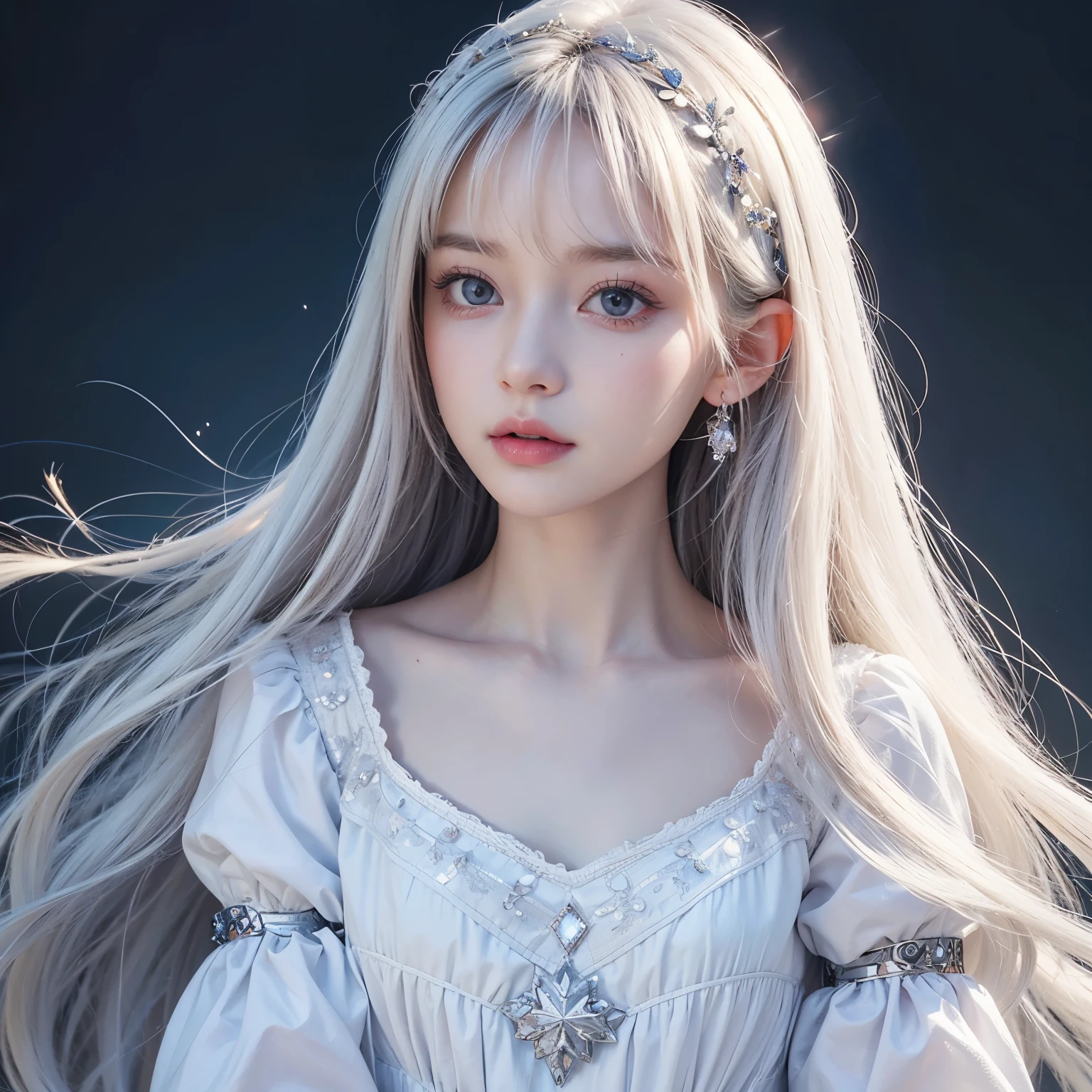 highest quality、masterpiece、(realistic:1.2), (((3--old,Very cute and baby-liace)))、super long straight hair、white hair color, bangs between the eyes、white skin、glowing skin、 puff sleeve princess dress、cottage core、 frontage、detailed face、so beautiful、Sparkling vivid Violet eyes、(bright look:1.1)、 Winter Vivid and sharp focus、(((flat chest))), looking at the viewer,