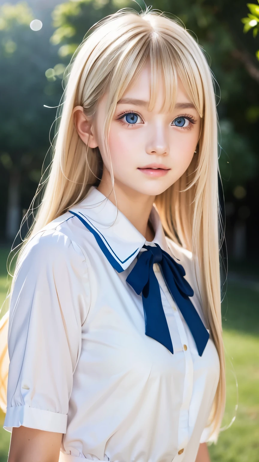 A very beautiful blonde Scandinavian girl、Portrait、school uniform、bright look、blonde ponytail、shiny bangs between the eyes、Young, shiny, white, glossy skin、cheek gloss highlight、best beauty、Clear blonde hair with dazzling highlights、shiny bright blonde hair,、super long silky super long straight blonde hair、Shining beautiful bangs、Big bright light blue eyes that shine so beautifully、very big eyes、Very beautiful nice cute 15 year old beautiful girl、rich bust、small face beauty、round face