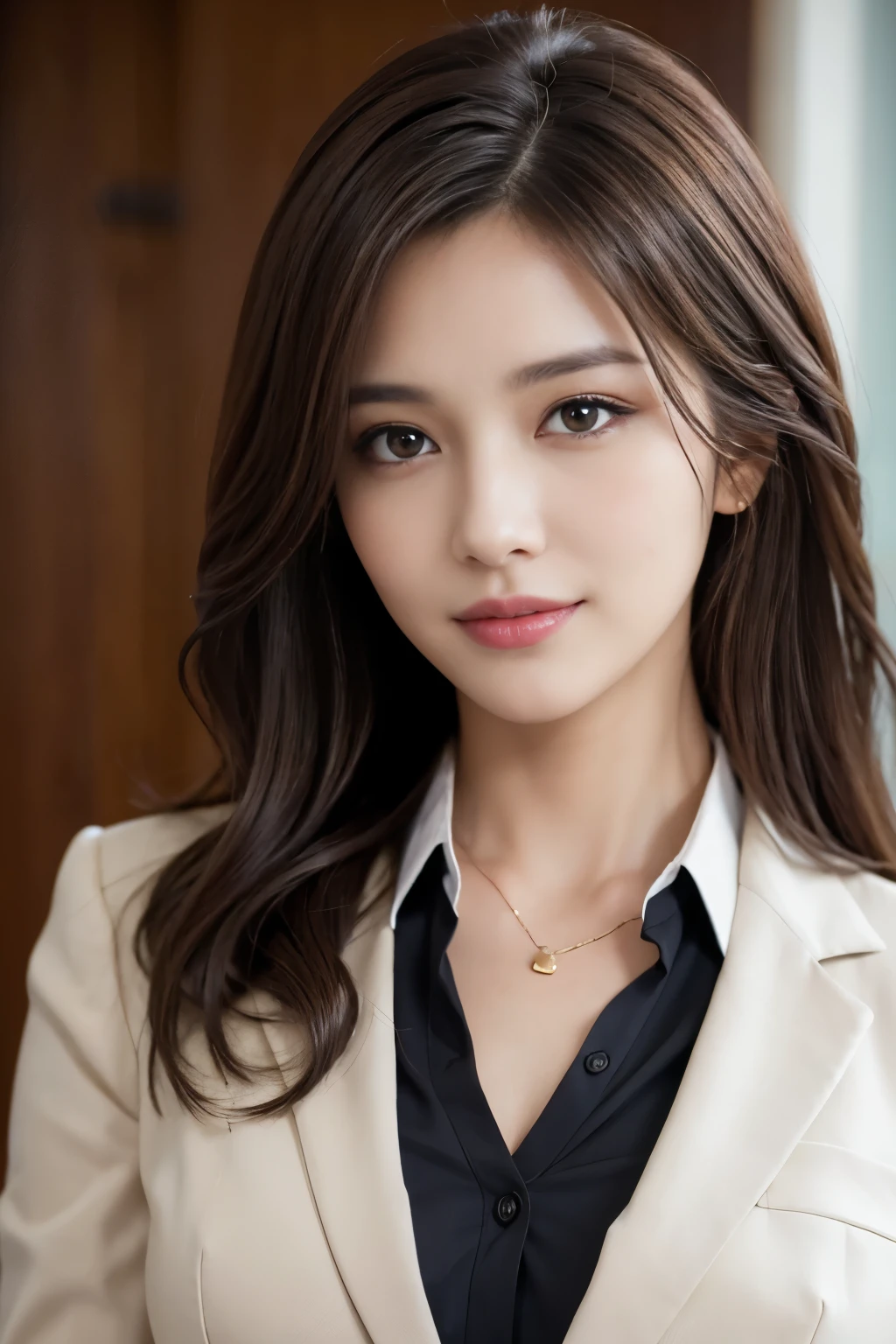 table top, highest quality, realistic, super detailed, finely, High resolution, 8k wallpaper, 1 beautiful woman,, light brown messy hair, wearing a business suit, sharp focus, perfect dynamic composition, detailed and beautiful eyes, fine hair, Detailed and realistic skin texture, smile, close-up portrait, model body shape