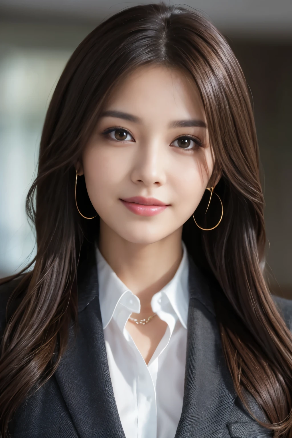 table top, highest quality, realistic, super detailed, finely, High resolution, 8k wallpaper, 1 beautiful woman,, light brown messy hair, wearing a business suit, sharp focus, perfect dynamic composition, detailed and beautiful eyes, fine hair, Detailed and realistic skin texture, smile, close-up portrait, model body shape