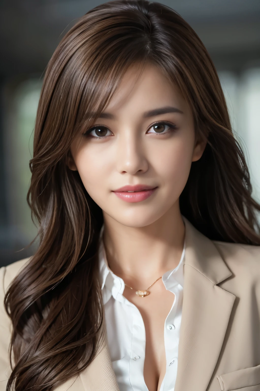 table top, highest quality, realistic, super detailed, finely, High resolution, 8k wallpaper, 1 beautiful woman,, light brown messy hair, wearing a business suit, sharp focus, perfect dynamic composition, detailed and beautiful eyes, fine hair, Detailed and realistic skin texture, smile, close-up portrait, model body shape