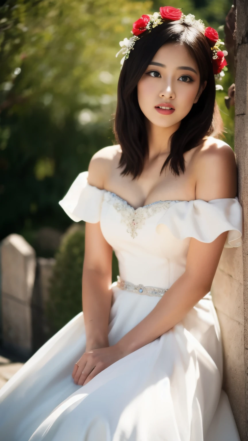 masterpiece:1.2, best quality), realistic, (real picture, intricate details, depth of field), (1girl, solo), make up, parted lips, highly-detailed, perfect face, (skindentation), thick thighs, wide hips, small waist, tall, glossy coral lips,, (A girl in a wedding dress with flowers in hands )), sexy, blushing, Mikasa from AOT