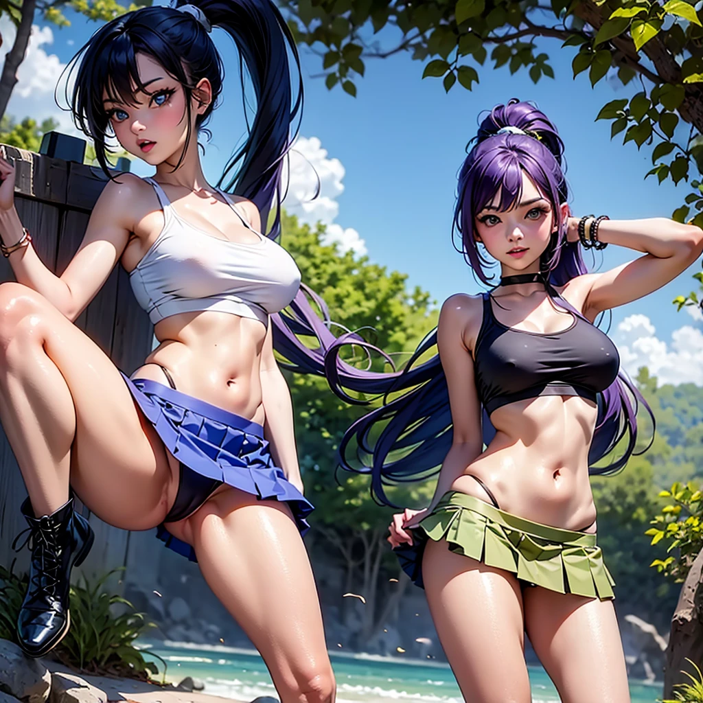 super quality, many details, a sexy warrior, with a short skirt, holding a bow, with a low-cut T-shirt, big breasts, big blue eyes, hair in a ponytail, piercing gaze, boots, hair in two shades of purple and blue, wide bracelets on the hands, a jungle in the background, tanned skin, athletic constitution, provocative,