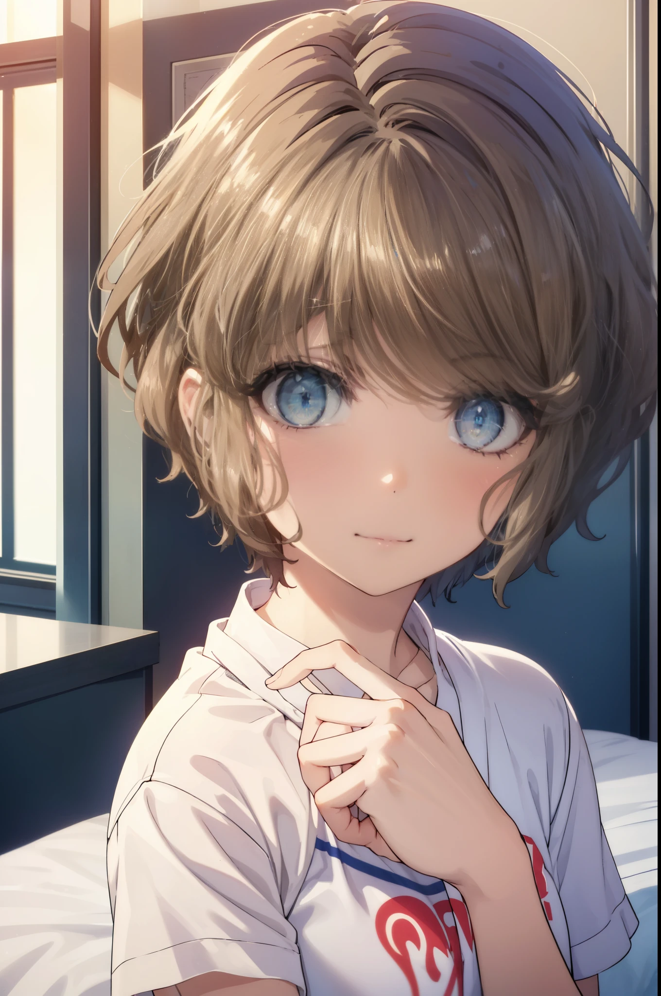 tomoekoga, Chie Koga, short hair, brown hair, blue eyes, wake up,sleepy,Open T-shirt,black string underwear,barefoot,smile,Bedroom,windows,ロマンチックなmorning日,morning,extreme light,sitting on the bed,
break indoors, Bedroom, 
break (masterpiece:1.2), highest quality, High resolution, unity 8k wallpaper, (shape:0.8), (beautiful and detailed eyes:1.6), highly detailed face, perfect lighting, Very detailed CG, (perfect hands, perfect anatomy),
break indoors, classroom,
break looking at viewer, (cowboy shot:1.5),
break (masterpiece:1.2), highest quality, High resolution, unity 8k wallpaper, (figure:0.8), (detailed and beautiful eyes:1.6), highly detailed face, perfect lighting, Very detailed CG, (perfect hands, perfect anatomy),