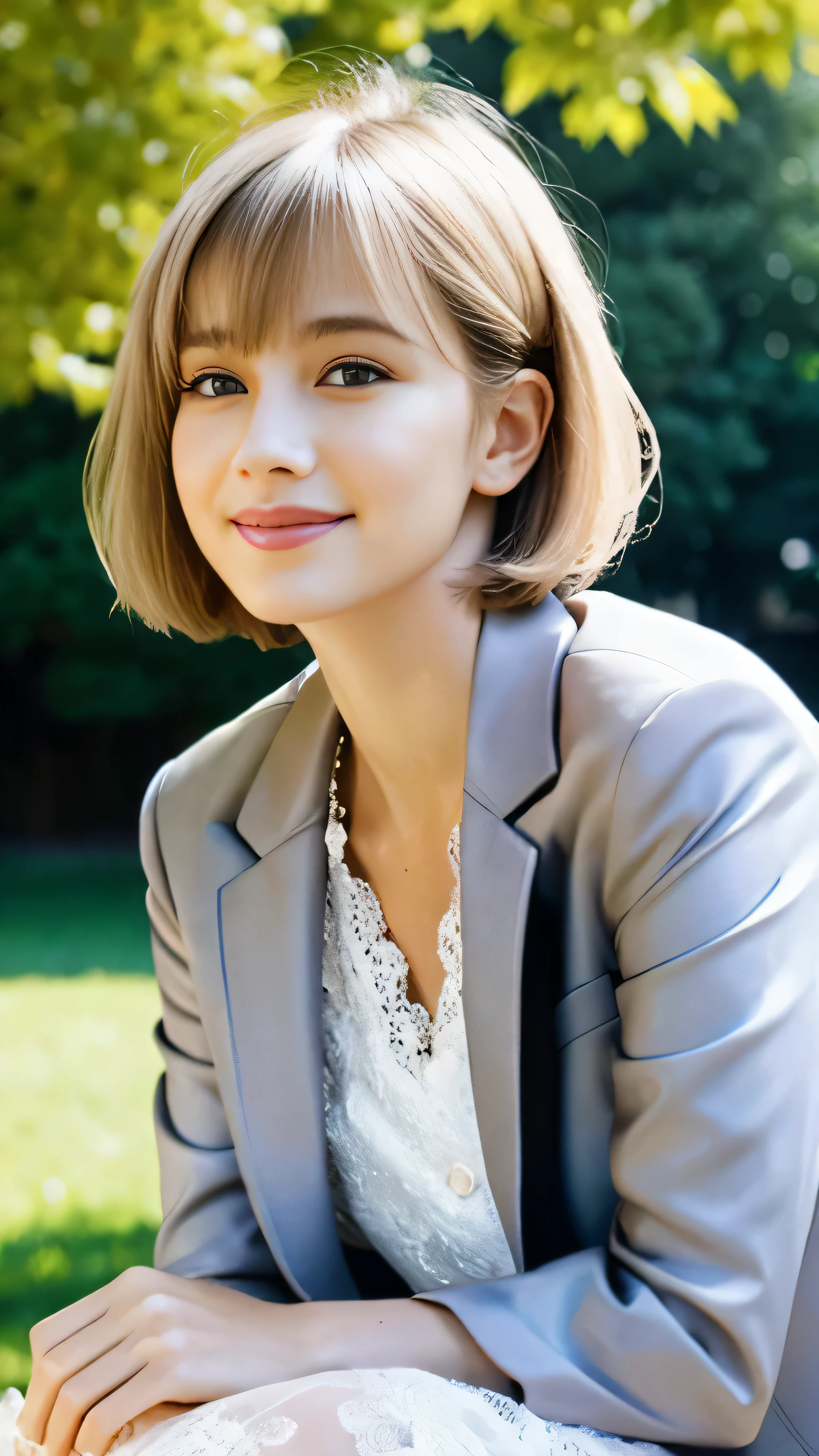 sunny day, graceful photo of a girl in a Blazer Dress, (puffy eyes:1.05), (white lace shirt), platinum brown hair, (angled bob:1.4), flat bangs, (flowing hair), smile slightly, happy, happiness, high detailed skin, skin pores, stunning innocent symmetry face, long eyelashes, black eyeliner, light golden eyeshadow,(sitting down on the banch), crossed_legs, emotional, wind, park, trees, grass, masterpiece, best quality, photorealistic,