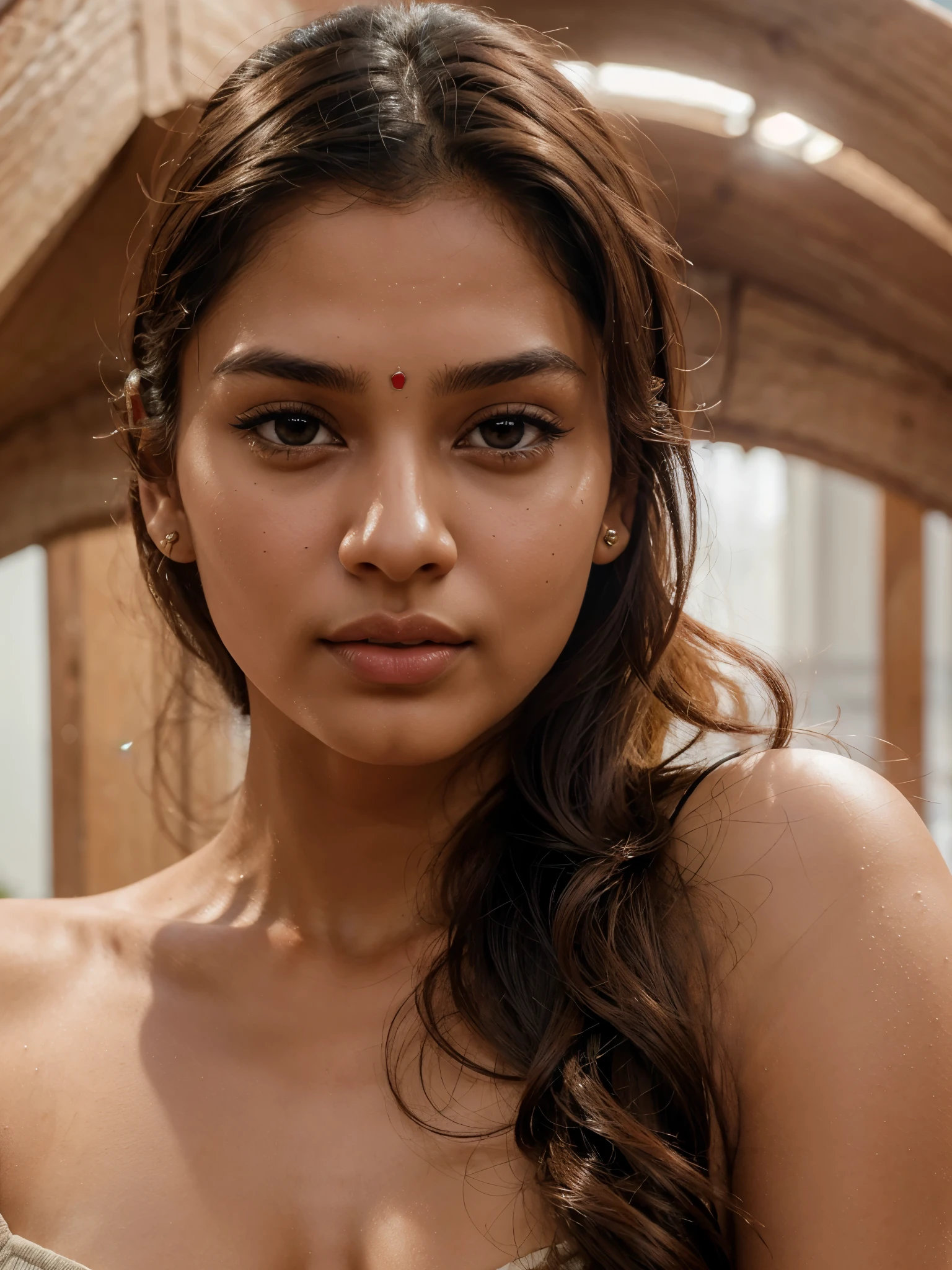 A young indian woman aged 23, masterpiece, high quality, ultra realistic, body measurements-33:27:36, absolutely stunning, beautiful detailed portrait, light brown skin color, brown eyes,brown wavy hair till waist, oval shaped face, pointed chin, 8k, heart shaped lips, thin pointed eyebrows, sharp neckline, closed mouth, consistent,height-5'3, weight-45 kg, small monolid eyes, exact fingers, human, highly rendered,8k, realistic, pointed ear shape, straight snub nose, clear face, hyper realistic, lighting, sharp details,consistent face and body