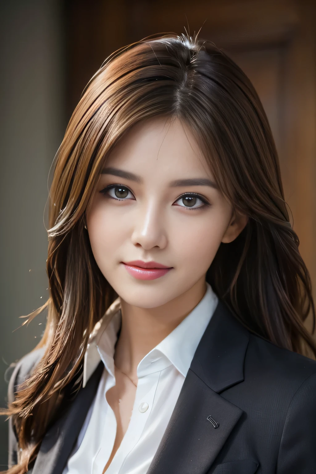 table top, highest quality, realistic, Super detailed, finely, High resolution, 8k wallpaper, 1 beautiful woman,, light brown messy hair, wearing a business suit, sharp focus, perfect dynamic composition, finelyて美しい目, thin hair, Detailed and realistic skin texture, smile, close-up portrait, model body shape