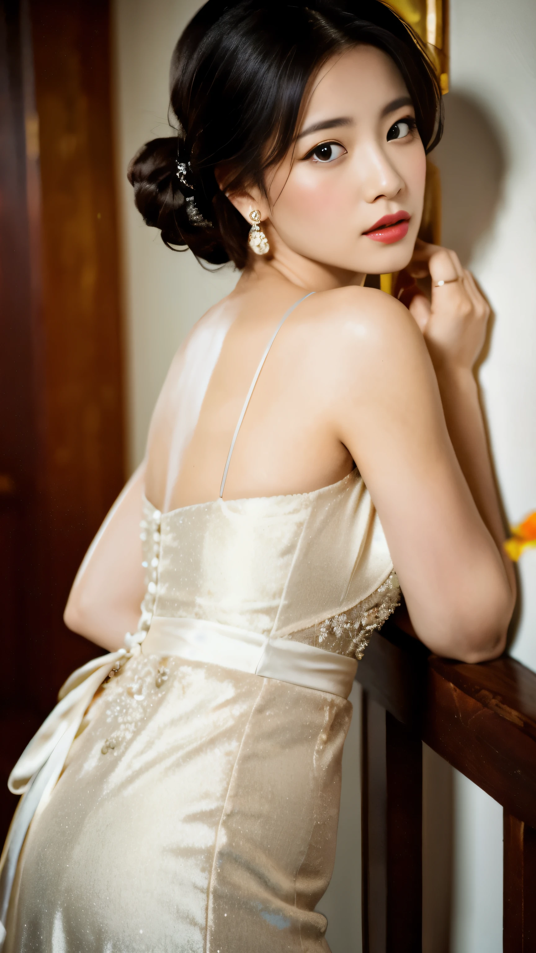 masterpiece:1.2, best quality), realistic, (real picture, intricate details, depth of field), (1girl, solo), make up, parted lips, highly-detailed, perfect face, (skindentation), thick thighs, wide hips, small waist, tall, glossy coral lips,, (A girl in a wedding dress with flowers in hands )), sexy, blushing, Mikasa from AOT