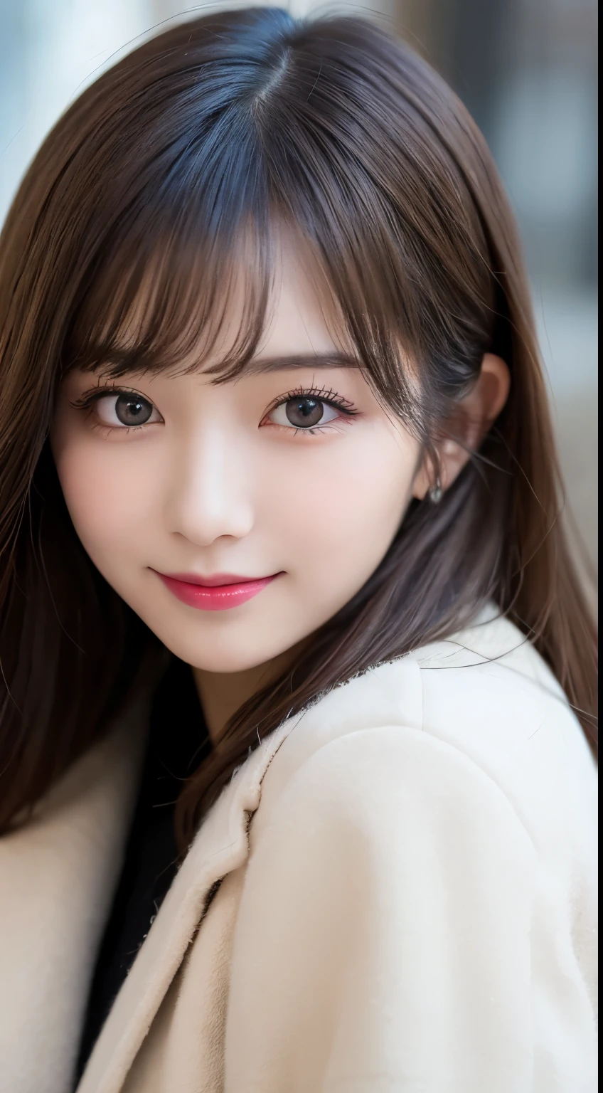 table top, highest quality, shape, Super detailed, finely, High resolution, 8k wallpaper, 完璧なダイナミックな構shape, beautiful and detailed eyes, Gorgeous black fluffy Tokyo winter clothes,ランダムなcute髪,,natural color lip, bold sexy pose,smile、20 year old girl、cute、sexy shot looking at camera,Always blur the background,perfect and beautiful face,Take only the face,beautiful and detailed face、slim face and style,Big eyes、do gal makeup,small face,Wearing a luxury brand mink coat,blur the background,smile
