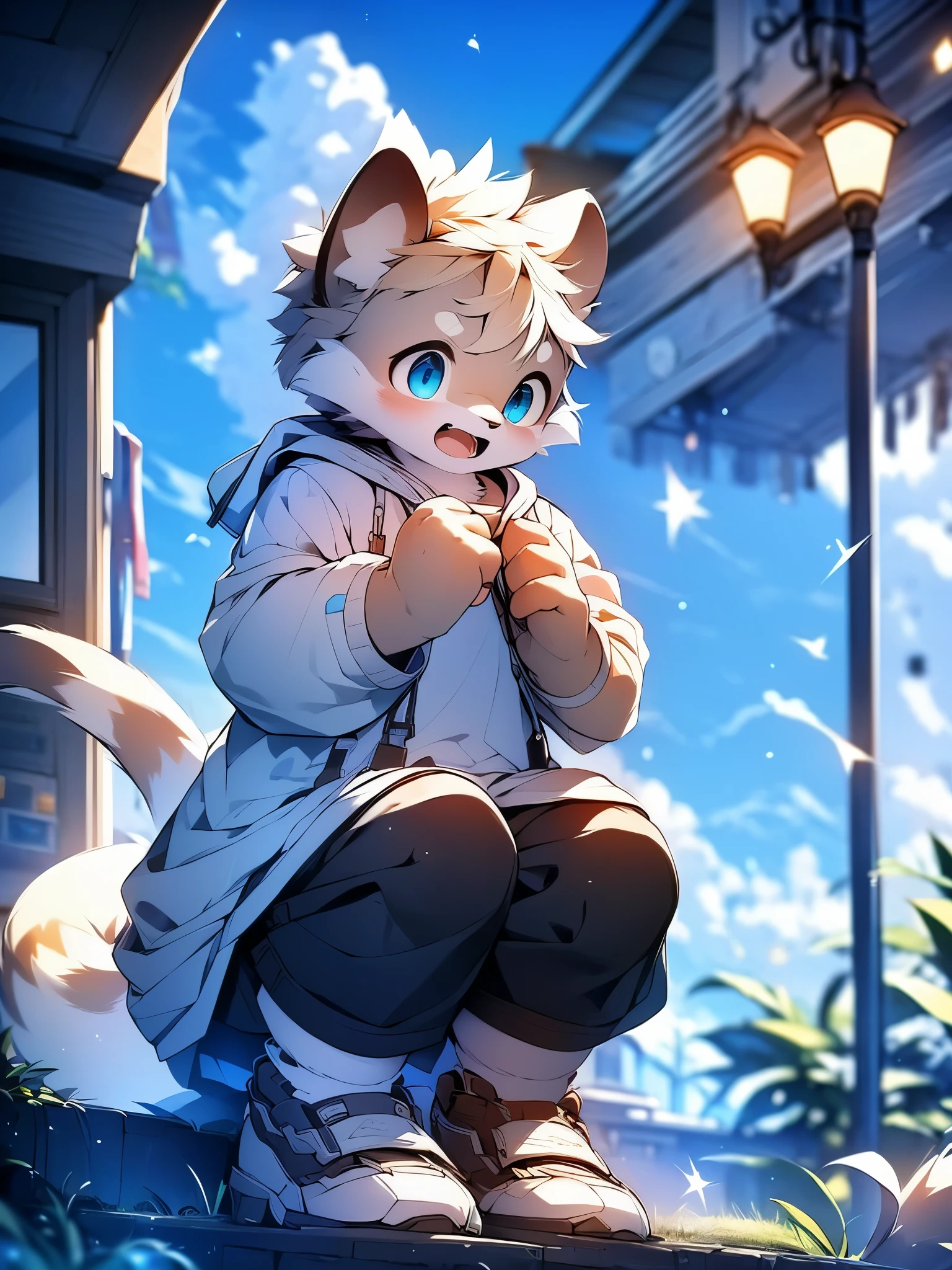 Civet cat, (solo), little boy, cute, ((with brown and white fur)), big blue eyes, light brown hoodie, off white beret, white shorts, (((white football socks))), surprised expression, (opening mouth), crouch, ((two hands on knees)), looking up at you, (one tail), looking down from above, with a blush on the face, night, rooftop, beautiful starry sky, octane rendering, master's masterpiece, fine body portrayal, accurate hand portrayal, accurate detail portrayal, 4K ultra clear