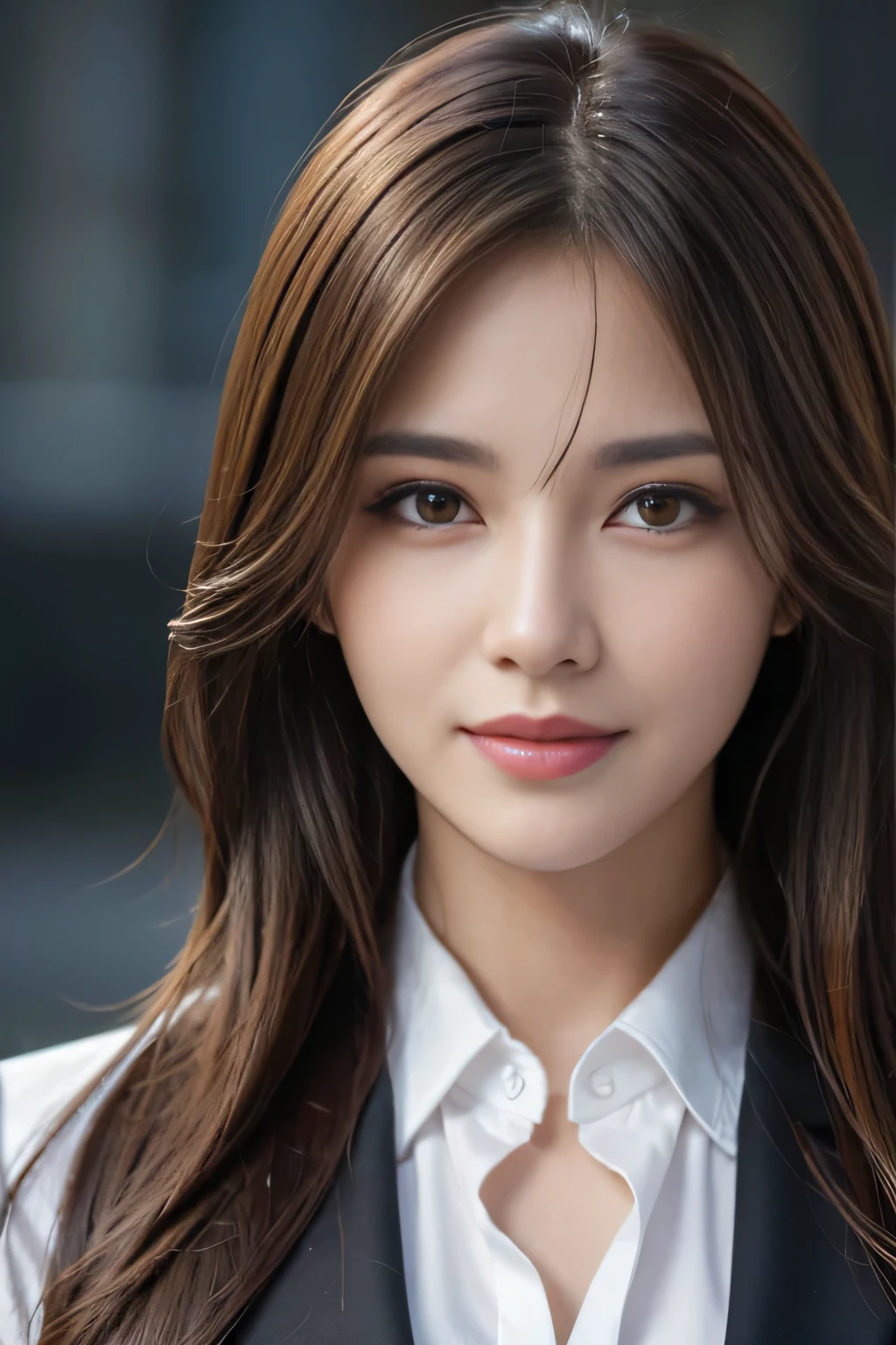 table top, highest quality, realistic, Super detailed, finely, High resolution, 8k wallpaper, 1 beautiful woman,, light brown messy hair, wearing a business suit, sharp focus, perfect dynamic composition, finelyて美しい目, thin hair, Detailed and realistic skin texture, smile, close-up portrait, model body shape