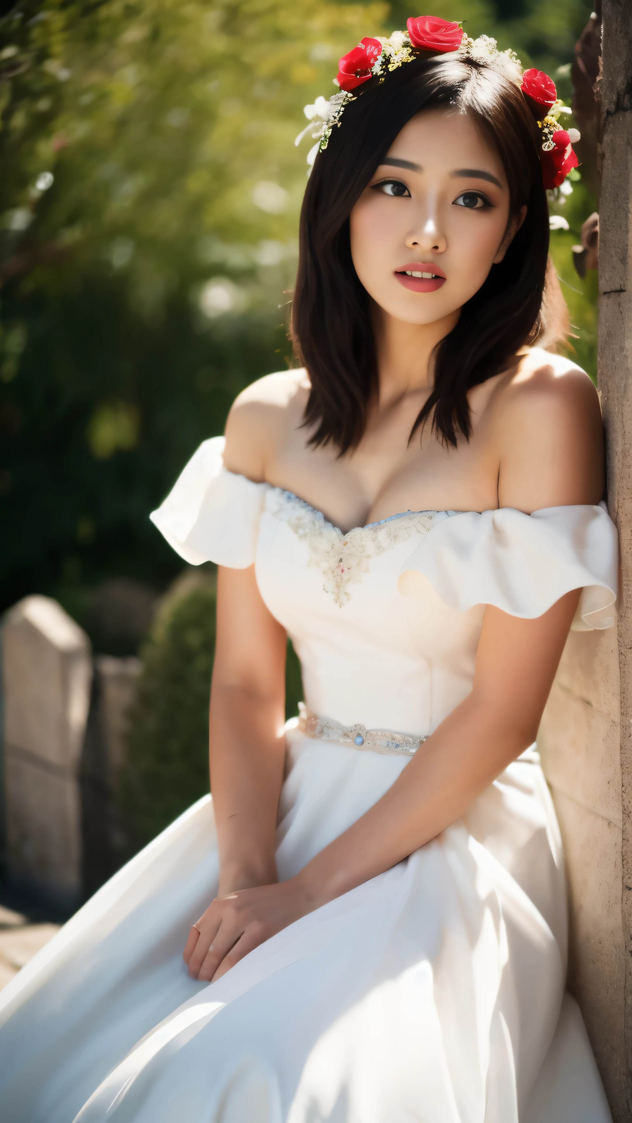 masterpiece:1.2, best quality), realistic, (real picture, intricate details, depth of field), (1girl, solo), make up, parted lips, highly-detailed, perfect face, (skindentation), thick thighs, wide hips, small waist, tall, glossy coral lips,, (A girl in a wedding dress with flowers in hands )), sexy, blushing, Mikasa from AOT