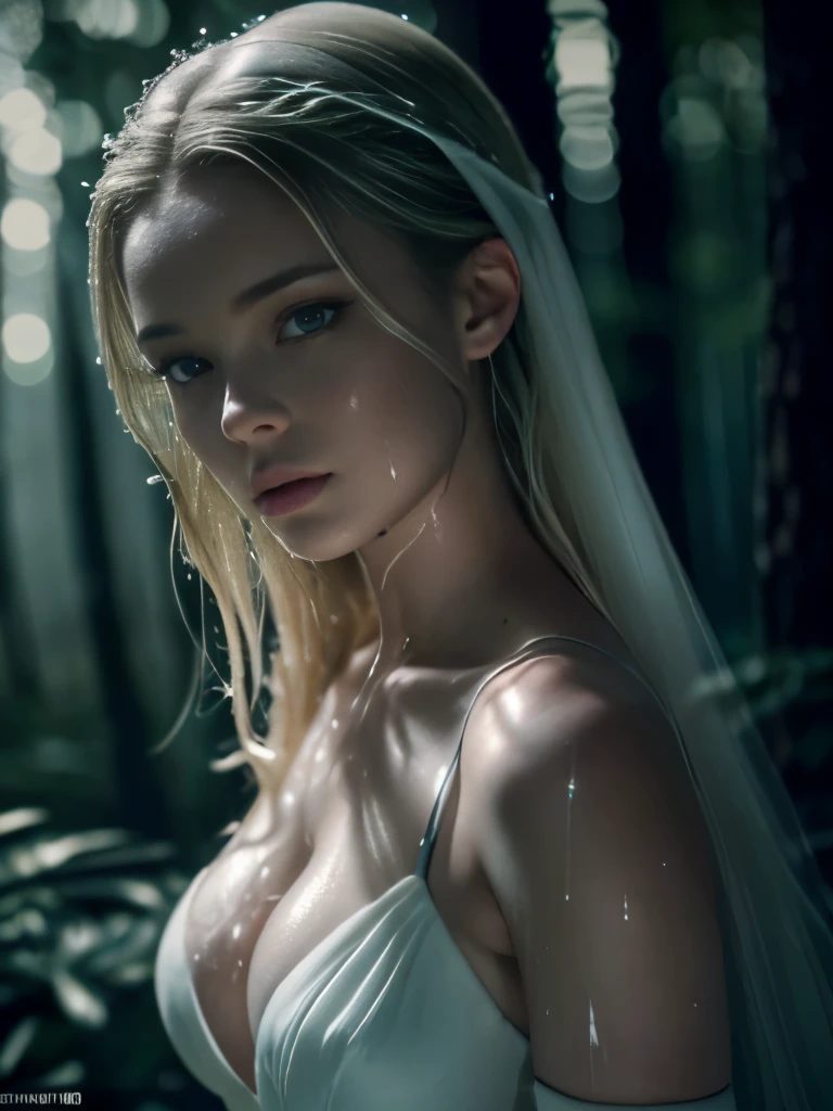 Fotografia ultra realista de corpo inteiro sem cortes de Sydney Sweeney vestindo uma manta branca transparente e molhada que permite ver as custas do seus corpo por baixo do tecido, She is in a forest at night and it is raining heavily making her completely wet, Loira de olhos verdes e cabelo branco curto, She's skinny, tem seios pequenos, pele ultra realista e detalhada, olhos verdes, cabelo molhado, pele molhada, rosto molhado, roupa molhada, tecido tule transparente, safada e provocante, (low lighting, Loira de cabelo branco curto ). Seios pequenos, hands covered by presta gloves, Uma mulher magrinha, fotografia profissional, cintura fina, quadril fino, ultra realista detalhado, rosto pequeno europeia, pose sexy. (ultra realistic and detailed photography, best quality, realistic photography style, sexy, cinematic effect, ultra realistic and detailed cracked skin, slim waist, provocative pose. Blurred background highlighting the character of a sensual nurse, high shadow curve, maximum sharpness , full HD resolution, photography with wide-angle lens, f1.2 background blur, dark vignette, highlighted shadows).(Rosa fosco、light particles),(estilo de paul rubens e rebecca guay:1.1)[Ana de armas : Natalie Portman : 0.7],(obra de arte, retrato:1.2), ((Realisticidade: 1.2)), ((best resolution: 16K, ultra hd,bokeh)). 