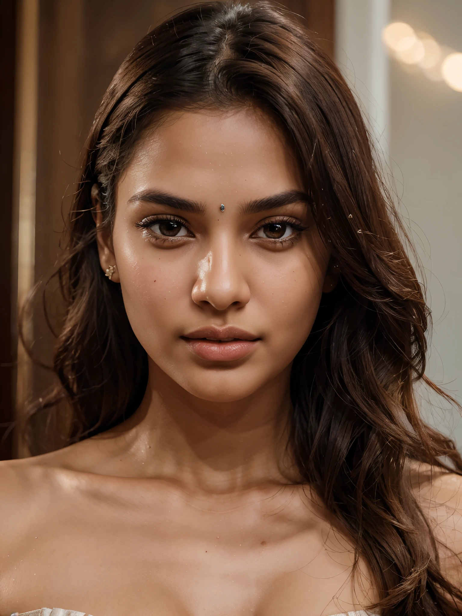 A young indian woman aged 23, masterpiece, high quality, ultra realistic, body measurements-33:27:36, absolutely stunning, beautiful detailed portrait, light brown skin color, brown eyes,brown wavy hair till waist, oval shaped face, pointed chin, 8k, heart shaped lips, thin pointed eyebrows, sharp neckline, closed mouth, consistent,height-5'3, weight-45 kg, small monolid eyes, exact fingers, human, highly rendered,8k, realistic, pointed ear shape, straight snub nose, clear face, hyper realistic, lighting, sharp details,consistent face and body