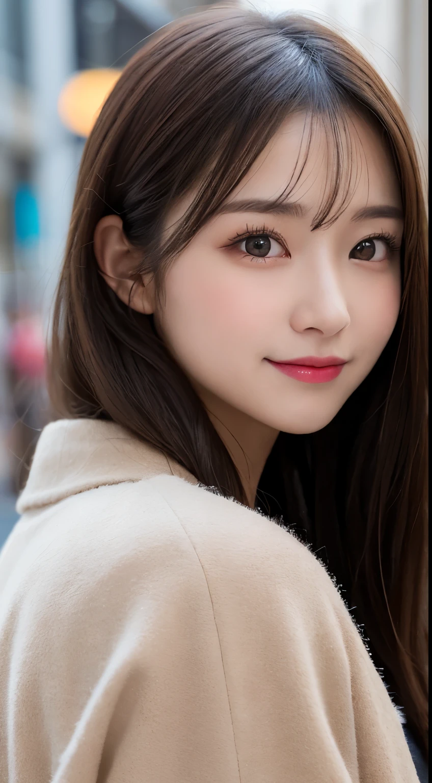 table top, highest quality, shape, Super detailed, finely, High resolution, 8k wallpaper, 完璧なダイナミックな構shape, beautiful and detailed eyes, Gorgeous black fluffy Tokyo winter clothes,ランダムなcute髪,,natural color lip, bold sexy pose,smile、20 year old girl、cute、sexy shot looking at camera,Always blur the background,perfect and beautiful face,Take only the face,beautiful and detailed face、slim face and style,Big eyes、do gal makeup,small face,Wearing a luxury brand mink coat,blur the background,smile