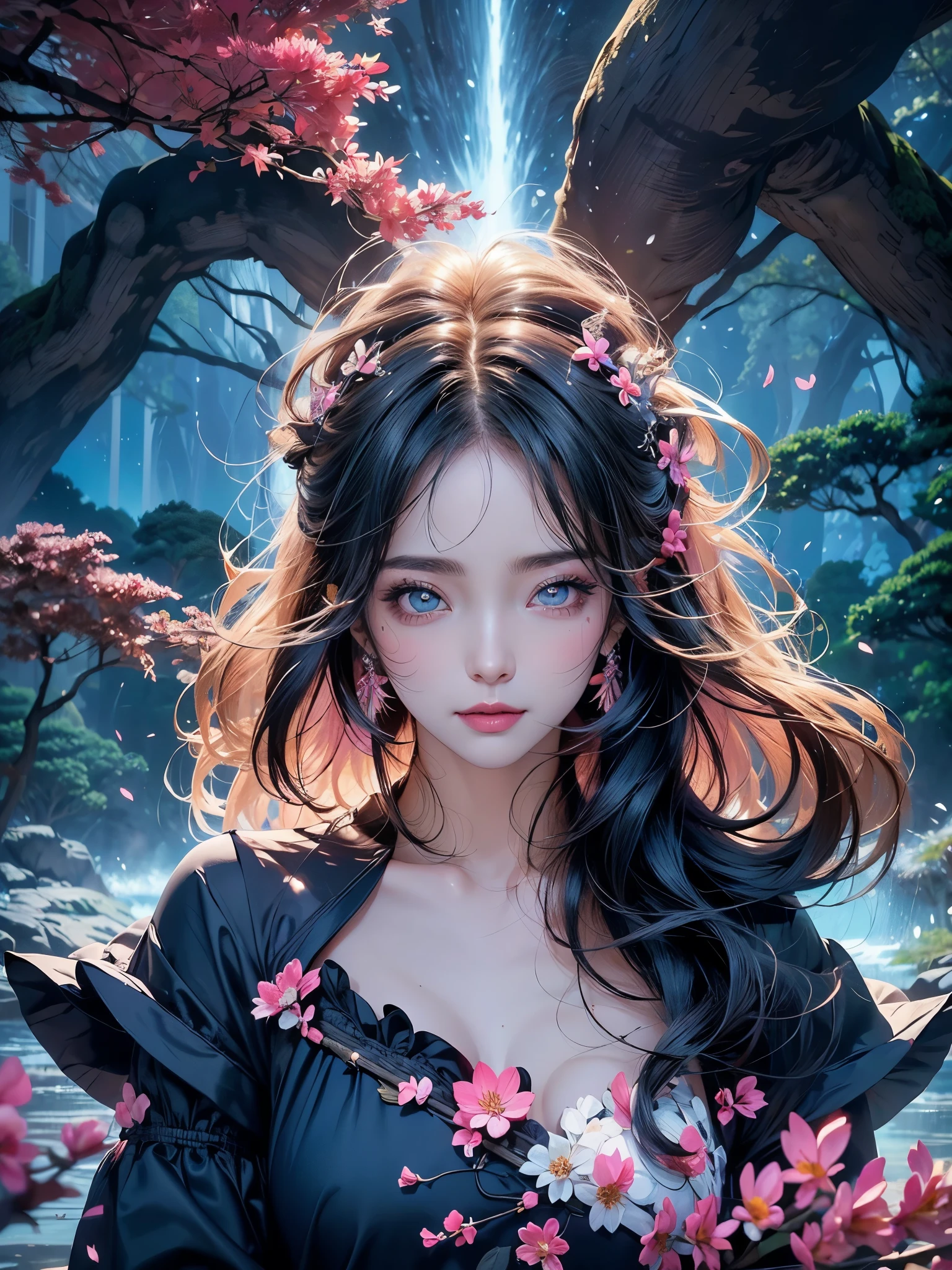 (melhor qualidade, obra de arte),(1 garota, miko, casaco, expression face, olhos pretos, olhando para frente ,cabelo preto, Andando, tronco), (lost night sky, huge old tree behind, falling bright pink petals behind, Sanctuary behind, fundo da montanha, vento soprando, meteoric cloud)