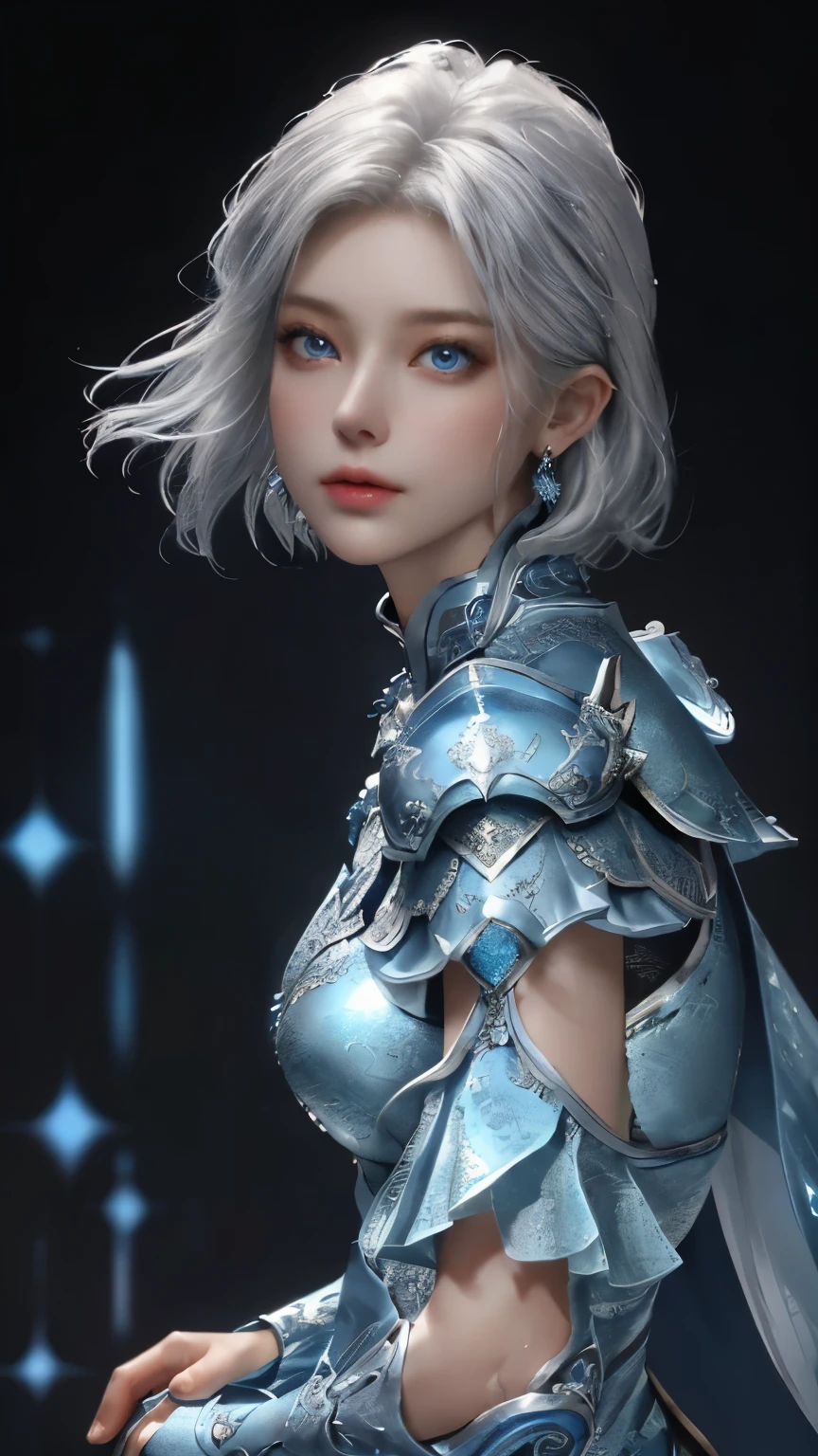 25 year old woman,a close up of a woman in a silver and blue dress, chengwei pan on artstation, by Yang J, detailed fantasy art, stunning character art, fanart best artstation, epic exquisite character art, beautiful armor, extremely detailed artgerm, detailed digital anime art, artgerm on artstation pixiv, armor girl, cool beauty,tall girl,short cut hair, silver hair,Precisely expresses details such as face and skin texture,beautiful eye, blue eye,double eyelid,delicate skin,slender body shape,alone,big breast
