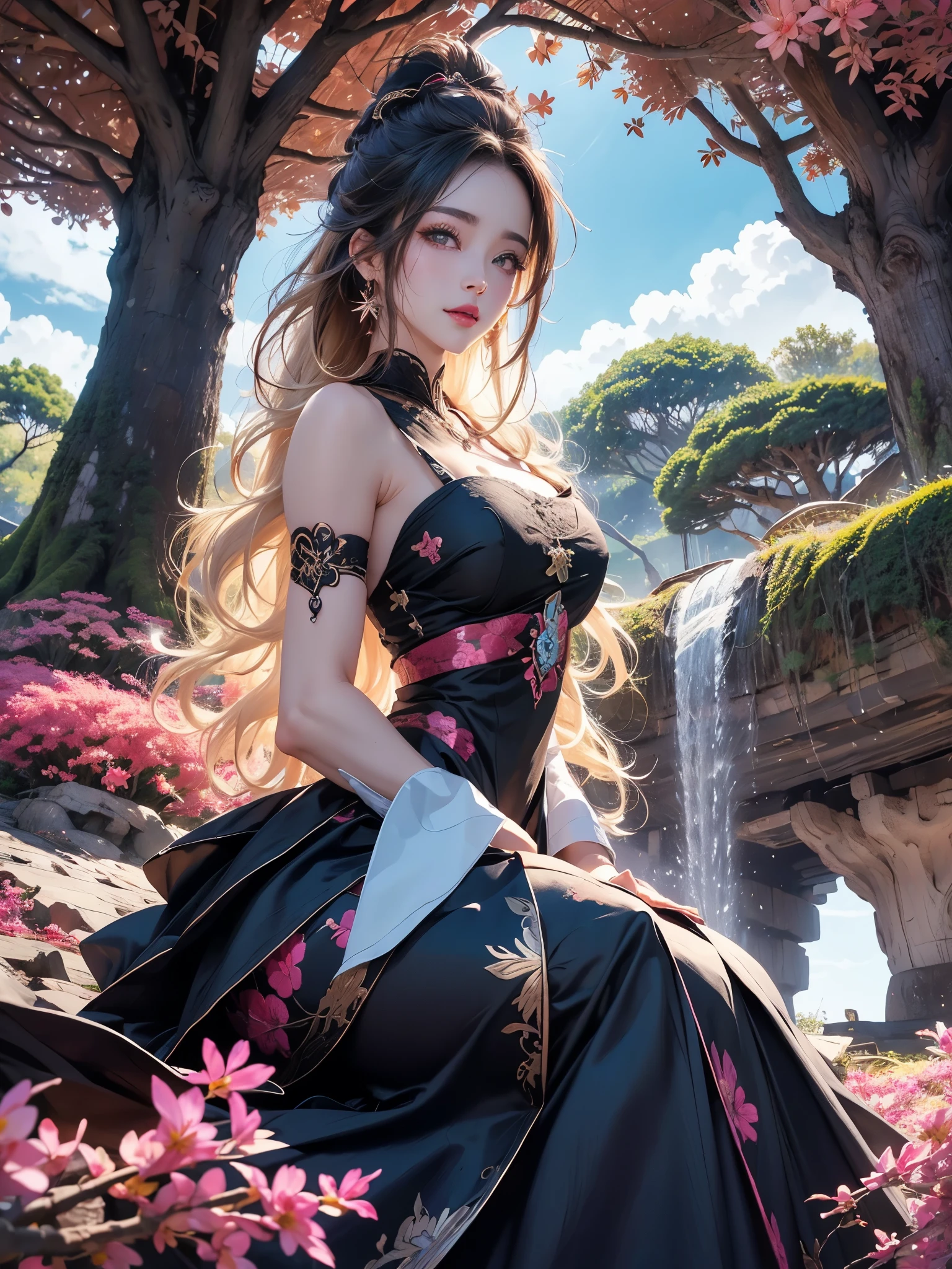 (melhor qualidade, obra de arte),(1 garota, miko, casaco, expression face, olhos pretos, olhando para frente ,cabelo preto, Andando, tronco), (lost night sky, huge old tree behind, falling bright pink petals behind, Sanctuary behind, fundo da montanha, vento soprando, meteoric cloud)