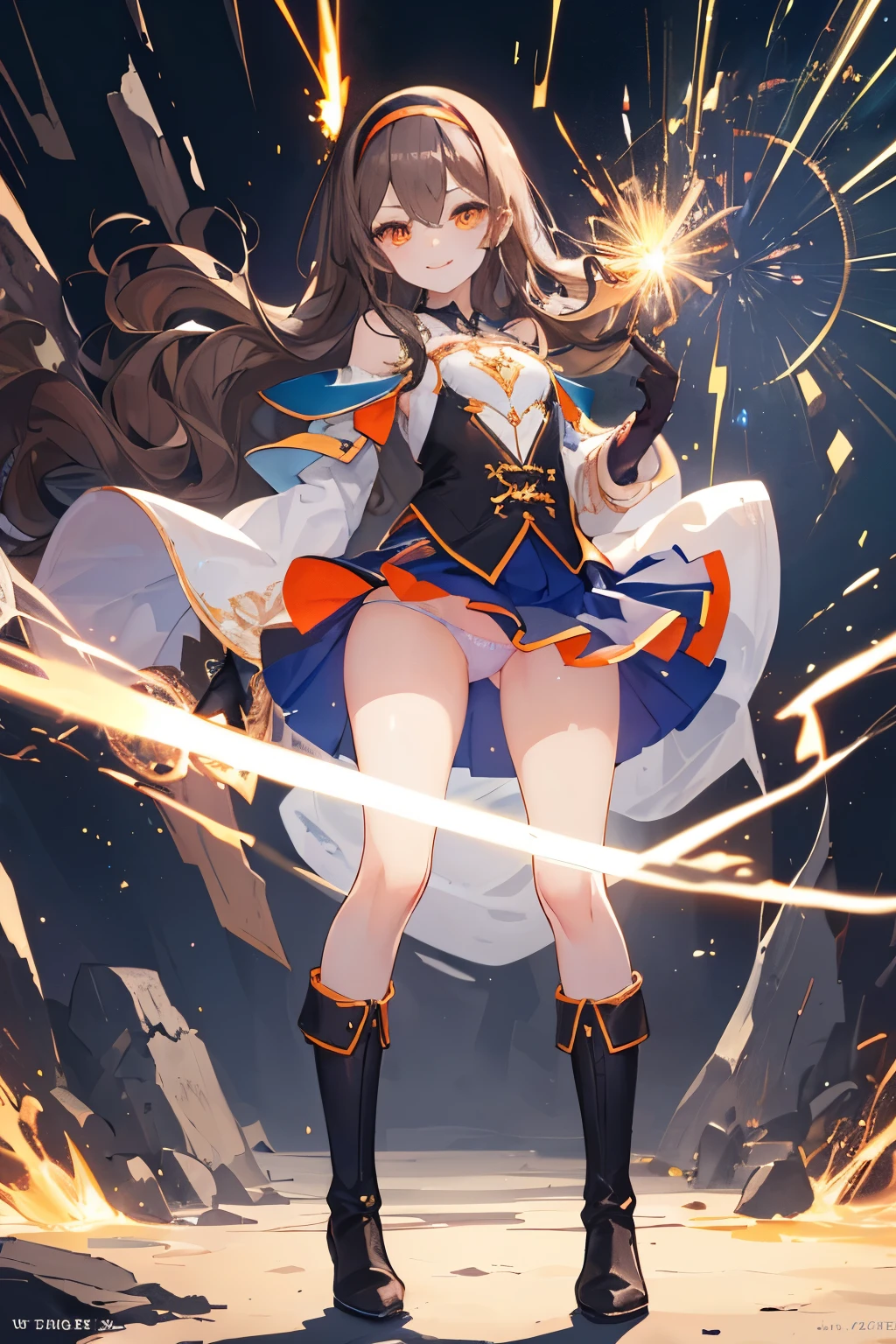(((1girl))), ((best quality)), ((masterpiece)), ((ultra-detailed)), (illustration), (detailed light), (an extremely delicate and beautiful), (beautiful detailed eyes), (sunlight), ((extremely light)), ((extremely clothes)), (((hyper detail))),(((((front lighting))))),(((((front light))))),
((((quite adorable Wizard's Greige uniform with a brief skirt and magical hairband)))), (((Expert Warock))),
,
(((wavy long hair))), ((((dark brown hair)))), (((long hair))),
(((dark orange eyes))),
((((whole body)))), aged 5 to 8, ((((())))), ((((very adorable young girl)))),
((condescending expression)), ((mischievous smile with sexual satisfaction)), (((extra adorable))), (((((extra slender shape))))),
(((((extremely beautiful detailed face))))),
(((dynamically standing using a spell of Sparks))), (((elegant magic boots))),
(Dutch angle), (((elegant magic gloves))), ((transparent magical underskirt)), (a little bit exposed adorable Greige panties)