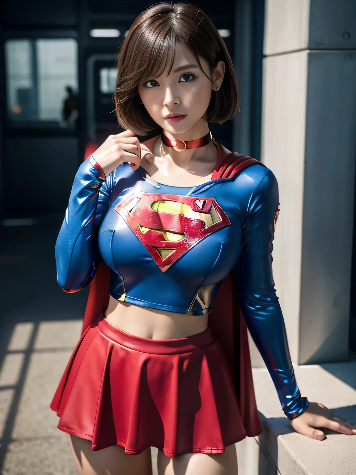 masterpiece、Shorthair Supergirl、research facility、Crisis situation、big and full breasts、look at the camera、shiny costume、choker、red mini skirt、long sleeve、manga cover、obscene、seductive pose、provocative、sensational、