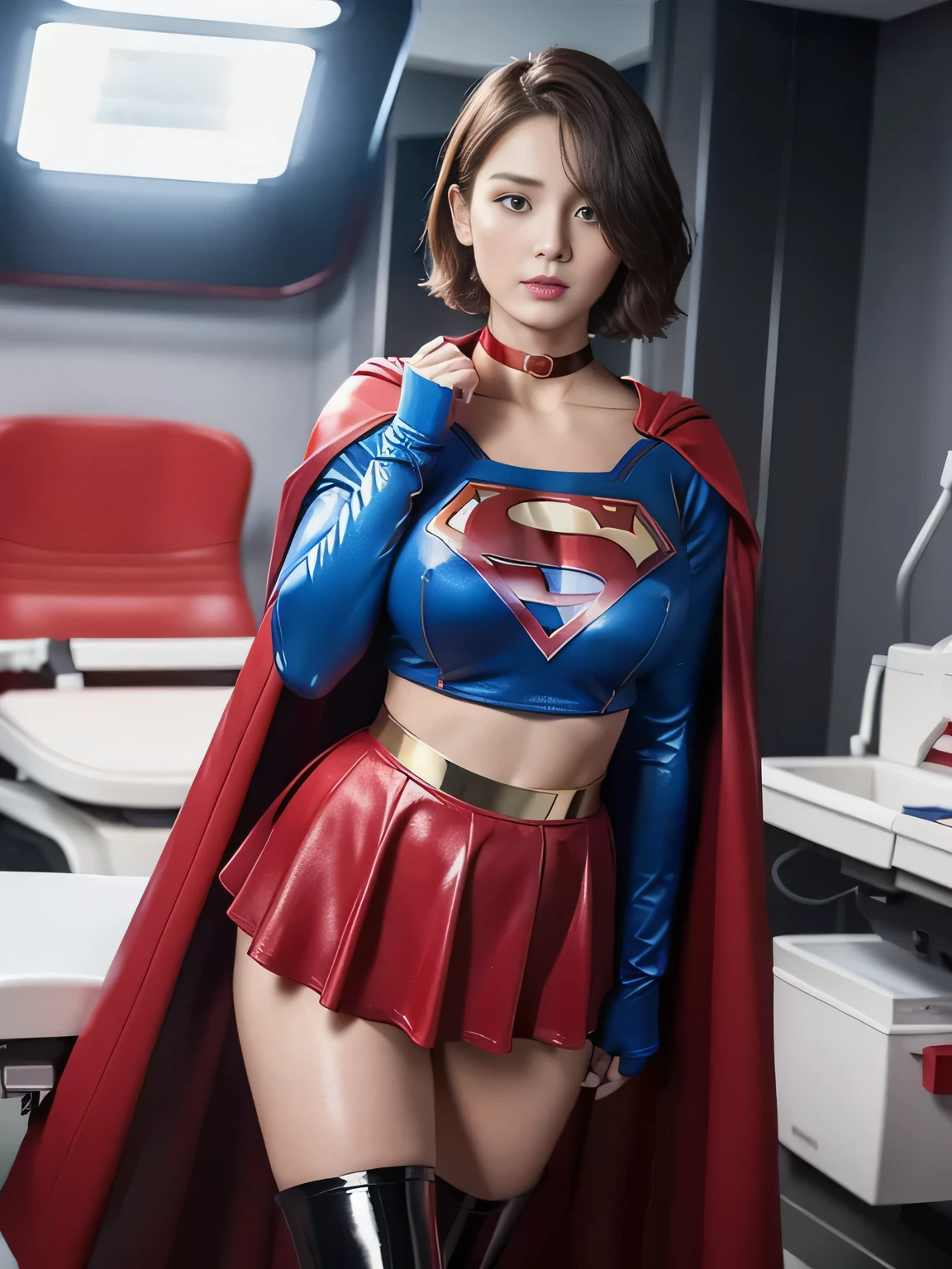 masterpiece,Short-haired Supergirl shows off her thighs on the hospital operating table、Crisis situation、big and full breasts、look at the camera、shiny enamel costume、Gorgeous red enamel long boots、shiny red skirt、choker、long sleeve、Fluttering cloak、seductive gesture、sexy pose、