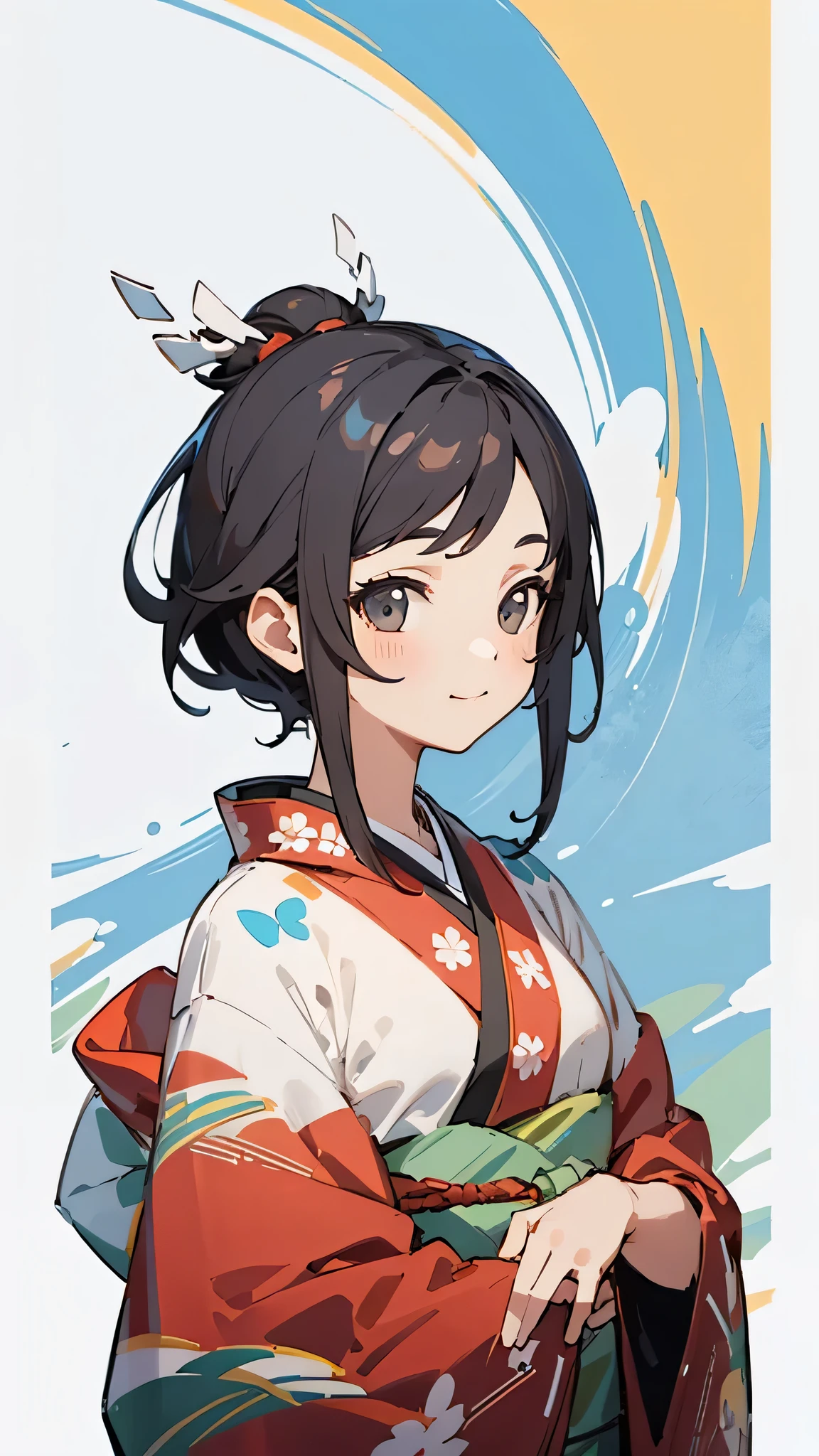 (Beautiful high quality illustrations:1.2), (kawaii girl:1.0), (1 girl, alone:1.0), (short black hair:1.0), (red kimono, Tsubaki pattern:1.0), (Smile:0.6), (Upper body:1.0), (super detailed, high resolution:1.0),