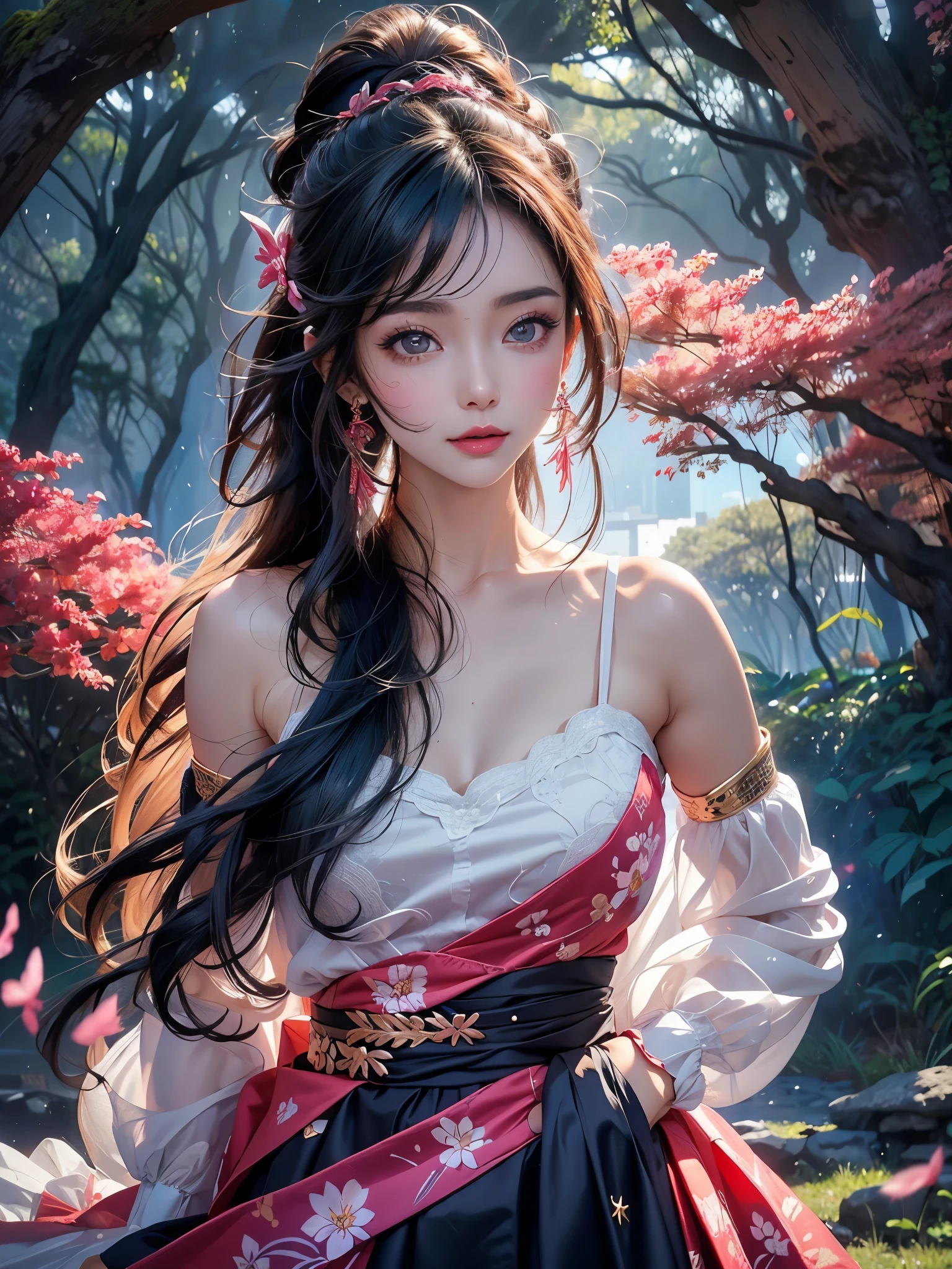 (melhor qualidade, obra de arte),(1 garota, miko, casaco, expression face, olhos pretos, olhando para frente ,cabelo preto, Andando, tronco), (lost night sky, huge old tree behind, falling bright pink petals behind, Sanctuary behind, fundo da montanha, vento soprando, meteoric cloud)