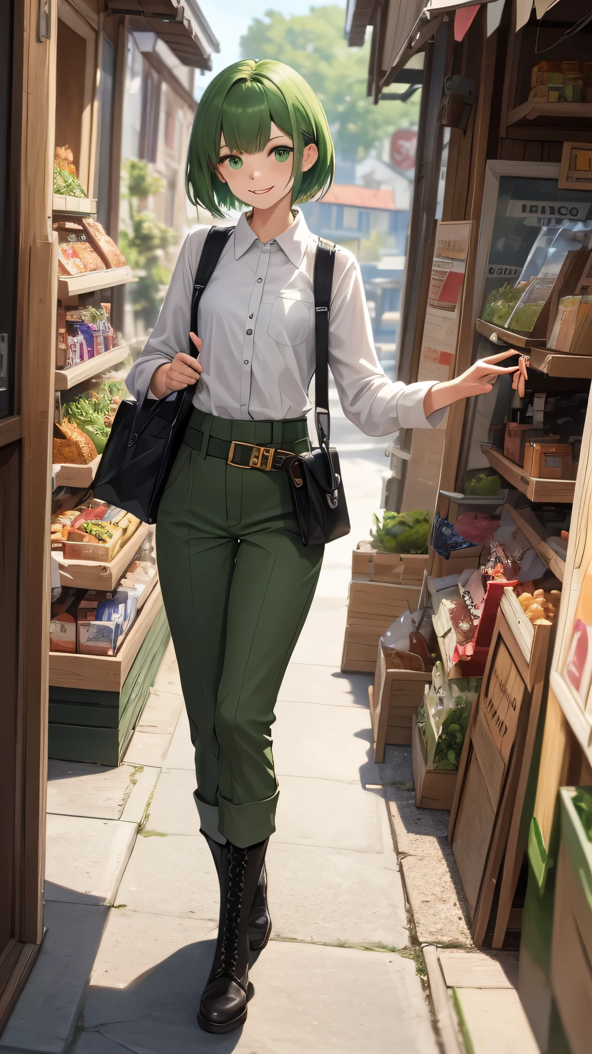(fantasy:1.4), (japanese manga), ((Extremely detailed 8K illustration)), high resolution, (Very detailed and beautiful backgrounds), Super detailed painting, Professional illustration, Super accurate depiction, Super detailed depiction, (Beautiful and beautiful:1.2), high dynamic range, (depth of field:1.4), (girl), (bad no tabi), (bad \(bad no tabi\)), chibi, green hair, green eyes, cruel beauty, small breasts, short hair, Green combat uniform, Green trousers, belt, (revolver), White shirt, military boots, Rider goggles, A castle town lined with shops, a small shop,Various groceries for sale, Smile, Character focus, shooting,