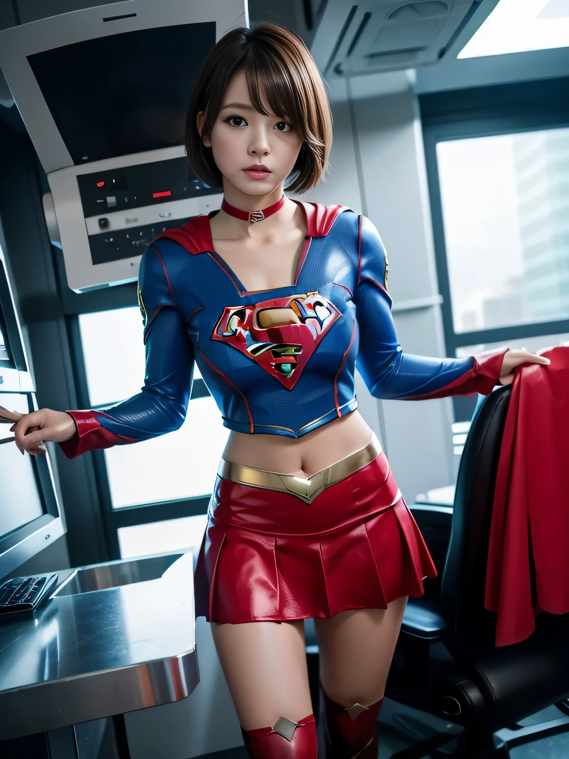 masterpiece、supergirl costume、short hair、Crisis situation、barefoot、big and full breasts、operating room、operating table、straddle、damaged、shiny costume、choker、red mini skirt、long sleeve、looking at camera、seductive gesture、