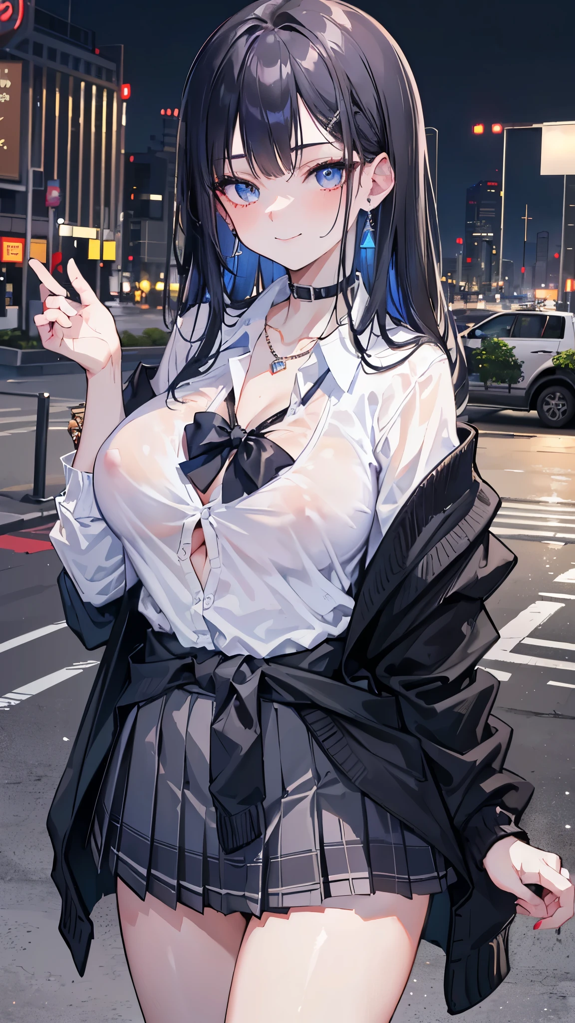 (8K、Highest image quality、highest quality、masterpiece)、detailed face、1 girl、gyaru、black hair、medium hair、diagonal bangs、light blue eyes、evil smile、earrings、((big breasts))、((white shirt))、((open clothes))、((black pleated skirt))、((micro miniskirt))、((cardigan around waist))、cowboy shot、city background