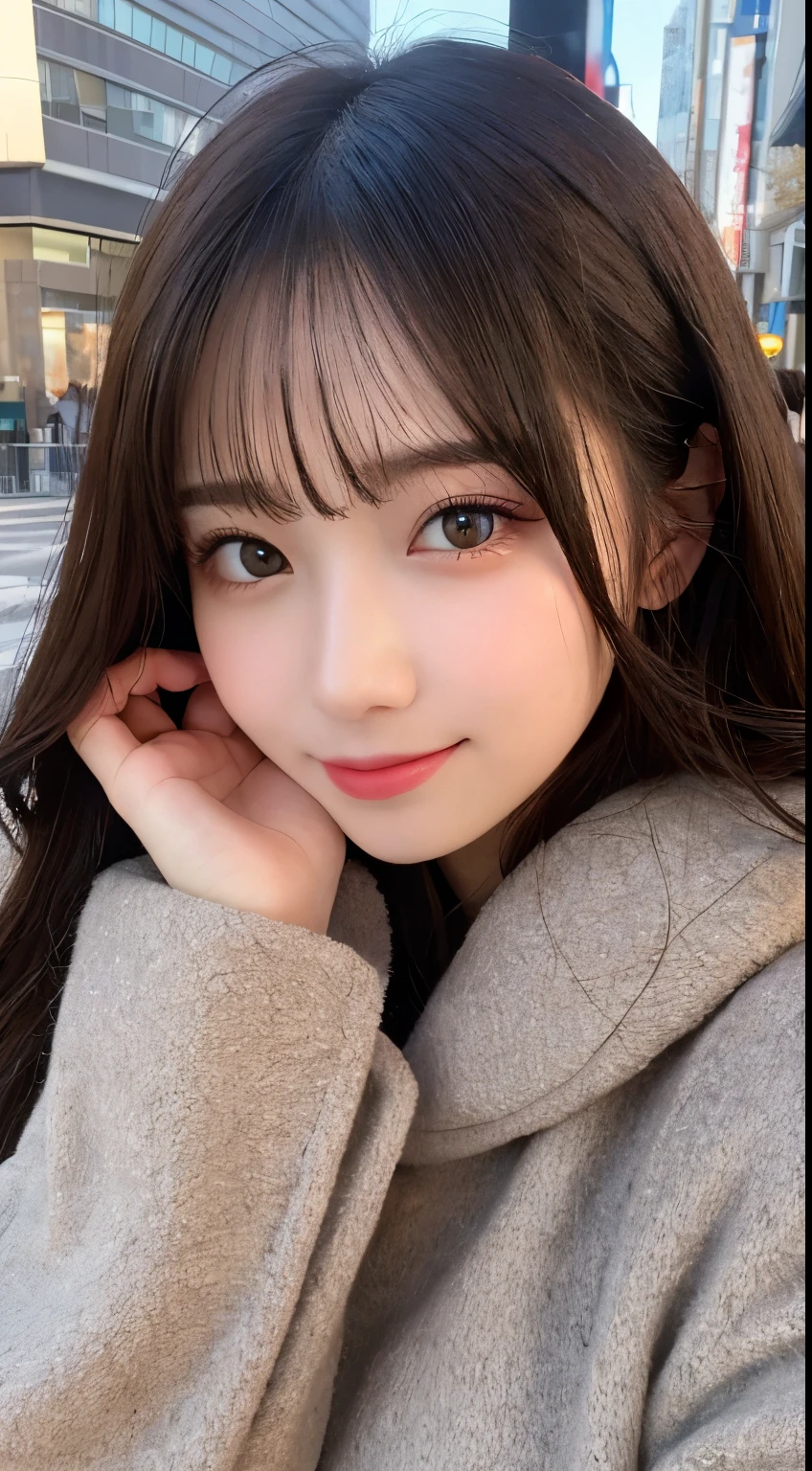 table top, highest quality, shape, Super detailed, finely, High resolution, 8k wallpaper, 完璧なダイナミックな構shape, beautiful and detailed eyes, Gorgeous black fluffy Tokyo winter clothes,ランダムなcute髪,,natural color lip, bold sexy pose,smile、20 year old girl、cute、sexy shot looking at camera,Always blur the background,perfect and beautiful face,Take only the face,beautiful and detailed face、slim face and style,Big eyes、do gal makeup,small face,Wearing a luxury brand mink coat,blur the background,smile