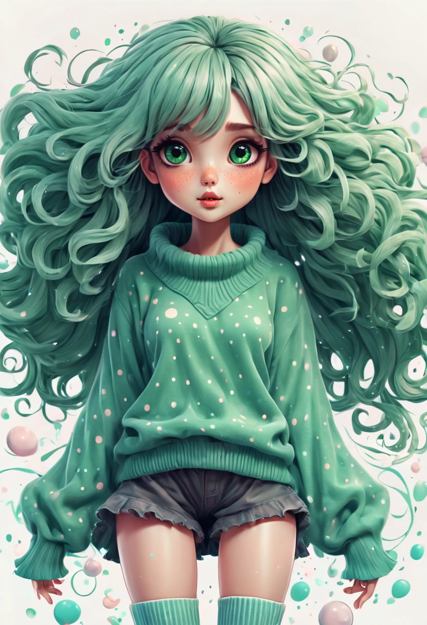 (best quality, highres, ultra sharp), (magical cute girl:1.2). Standing, Full body view, long legs. unique style, standing, long neck, large head, exaggerated hair, fluffy hair, small freckles, exaggerated expression, surreal, duck egg green sweater with small dots, details, horsehair, fluffy, socks, magic background, hand-drawn style,pencil drawing,cute, flowing lines, clean and crisp outlines, clean composition, zentangle hair style, art deco, zentangle, 3d crunch, cinematic,