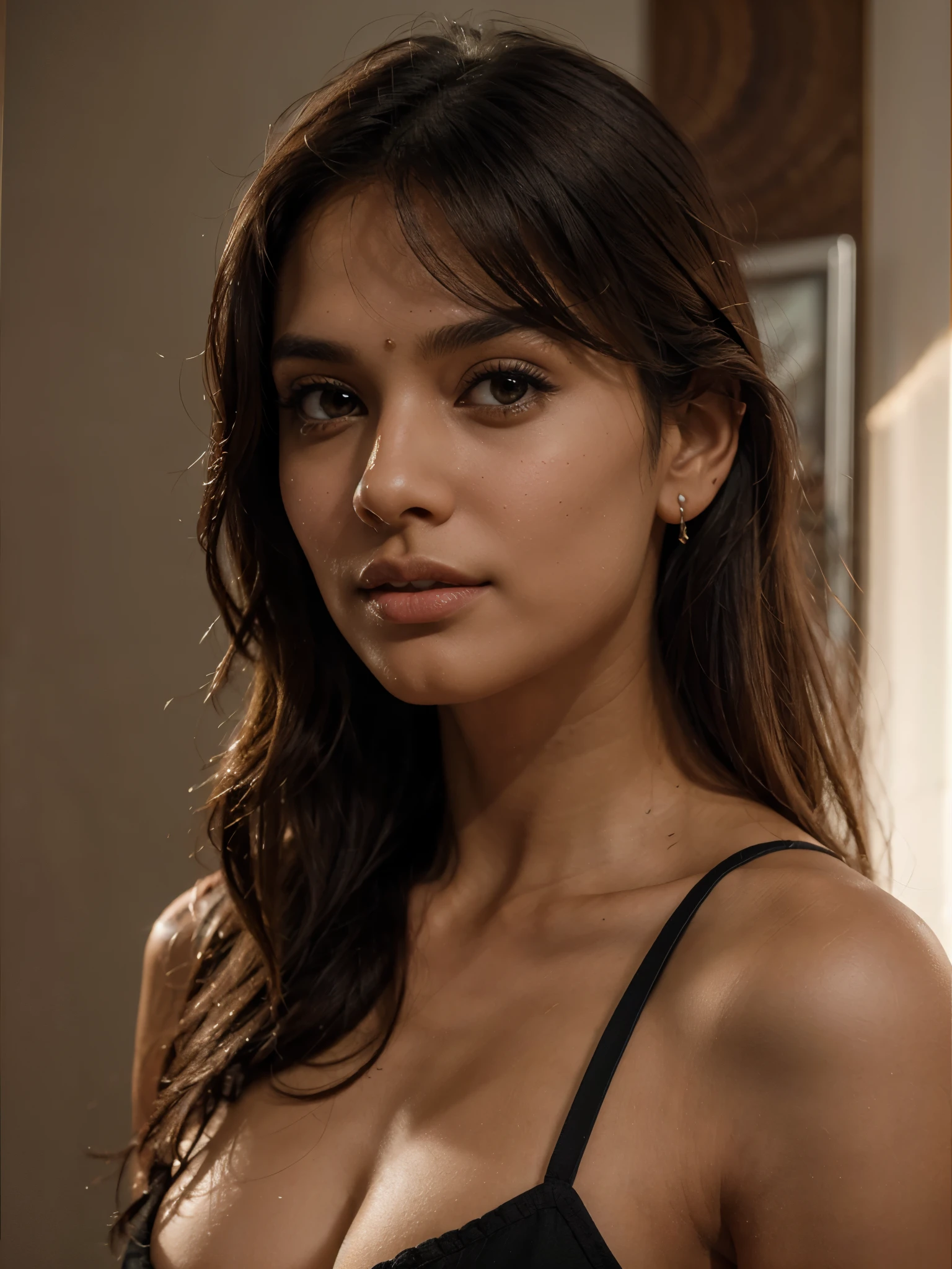 A young indian woman aged 23, masterpiece, high quality, ultra realistic, body measurements-33:27:36, absolutely stunning, beautiful detailed portrait, light brown skin color, brown eyes,brown wavy hair till waist, oval shaped face, pointed chin, 8k, heart shaped lips, thin pointed eyebrows, sharp neckline, closed mouth, consistent,height-5'3, weight-45 kg, small monolid eyes, exact fingers, human, highly rendered,8k, realistic, pointed ear shape, straight snub nose, clear face, hyper realistic, lighting, sharp details,consistent face and body