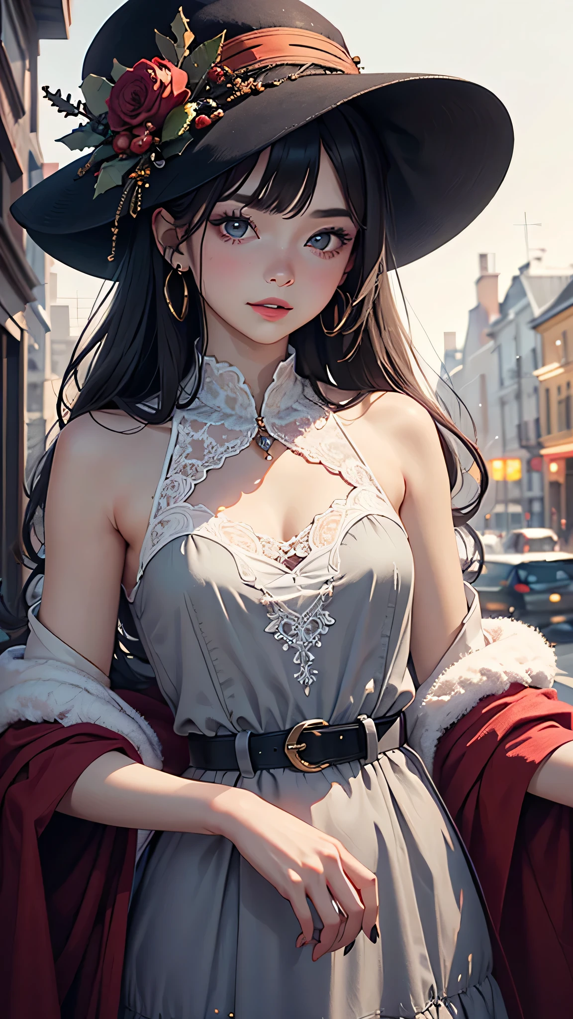 a girl,alone,masterpiece,best quality,high resolution,delicate face,Extreme details,Extreme details和精致的眼神,(Face alignment),Fair complexion,Exquisite hairstyle,thin lips,charming smile.Strong sense of detail and layering,colorful、bright,Has a unique texture, rich and colorful, Color harmony, vivid ,design,16k,super detailed, abstract,Wearing a light gray dress, Printed with bouquet and red and dark gray ribbon, Paired with a red belt and hat decorated with small flowers,Create a festive winter atmosphere. Her hair was tied up,Exquisite and beautiful.