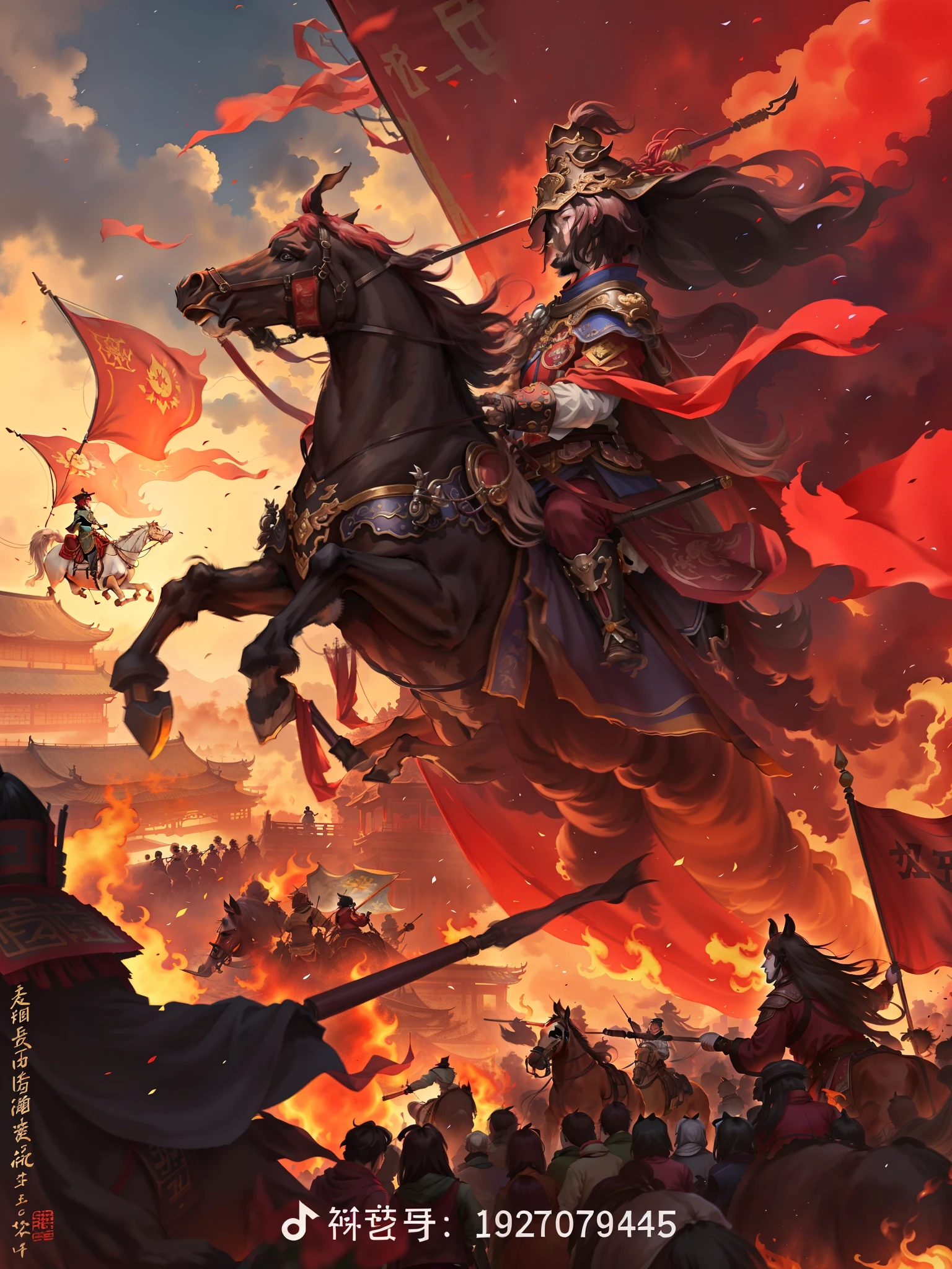 A general,mounted on a horse,blurred outline,The characters and horses are relatively blurry,Watercolor feeling,ink style,ink painting,watercolor style,A man rides a horse,Anime poster with flag waving in the air, author:Yang Jie, author:Huang Shen, author:Li Song, author:Yang Jiein, by Ren Xiong, Wu Bayard, by Feng Zhu, Krenz Kushat and Lin Wenjun, by Wuzhun Shifan, by Zhang Zongcang, author:Ju Chao