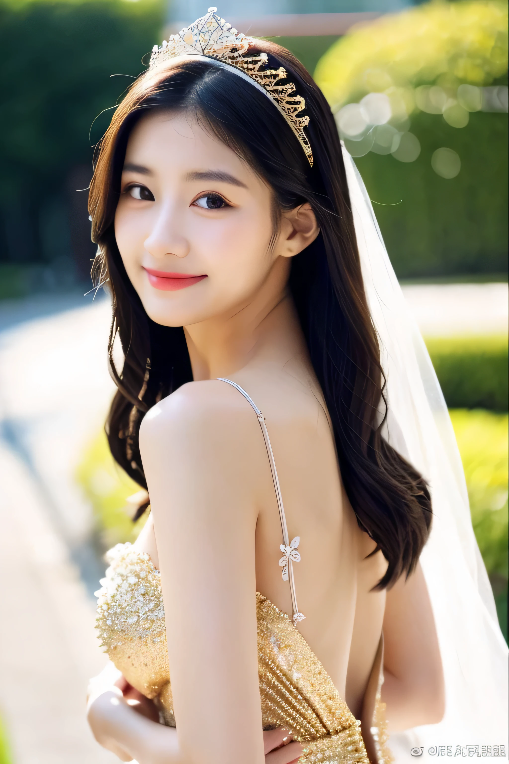 ((highest quality)), ((masterpiece)), (become familiar with), perfect face、8k、real photos、ultra high resolution, master parts, highest quality, ticker , cinematic images,nice girl、Ann、、Annグロサクソン人、eyes are purple、double eyelid、very垂れ目、(very, very大きな瞳:1.9)、dark eyeshadow、very薄い唇、The tip of your nose grows beautifully..、nose tip is small,,,,, very detailed ,silver hair、straight hair、very smiling、 sweet expression 、very beautiful woman、long legs、big breasts、 very clear shadows , jewelry , fine eyes, shiny skin , パーフェクトブリリAnnト, perfect sentence, dramatic shadow 、She wears a white see-through dress、Gold embroidery throughout the dress、white high heels、white tiara on head、gold necklace、angel wings on the back、holding a bouquet of flowers in both hands