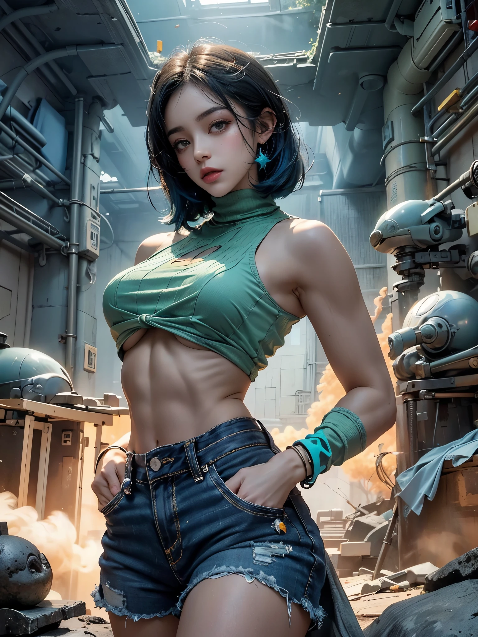 Foto brilhante: 1.3), realistic epic, olhos amarelos, garota invasora, (Uma garota), blusa de manga curta cinza claro transparente com decote, tecido transparente na cintura, cabelos ondulados 1.4, (cabelo azul escuro), short bob hair, esquema de cores azul escuro e laranja, (shorts verde claro), Aesthetics of wastelands and canyons!!! n ruins, soft cinematic light, adobe lightroom, sala escura, hdr, Complexidade, green bracelets on arms, straps from red thrings over tecido transparente na cintura, tanga por baixo do short, big ass, thick muscle body